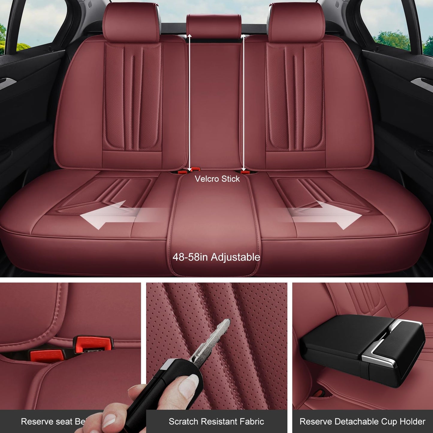 SCDOOCA Car Seat Covers Full Set Burgundy, Luxury Leather Car Seat Covers, Waterproof and Breathable Seat Covers, Universal Car Seat Protector Fit for Cars, Trucks, SUVs, Pick-ups (Wine Red, FullSet)