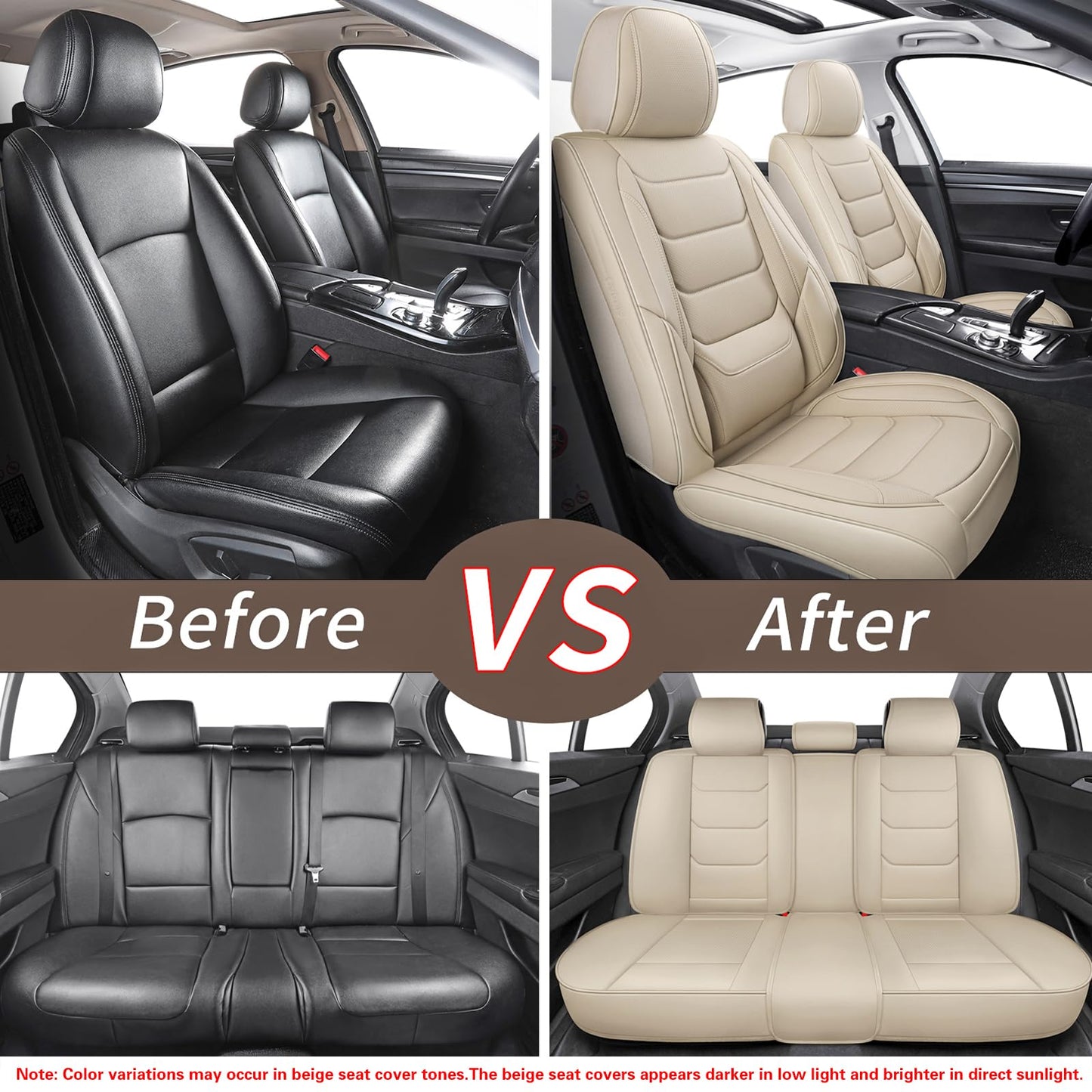 hoozoom Leather Car Seat Covers Full Set Breathable Automotive Seat Covers Waterproof Seat Protectors Universal Fit for Most Automotive Cars SUV Trucks(Beige, Full Set)