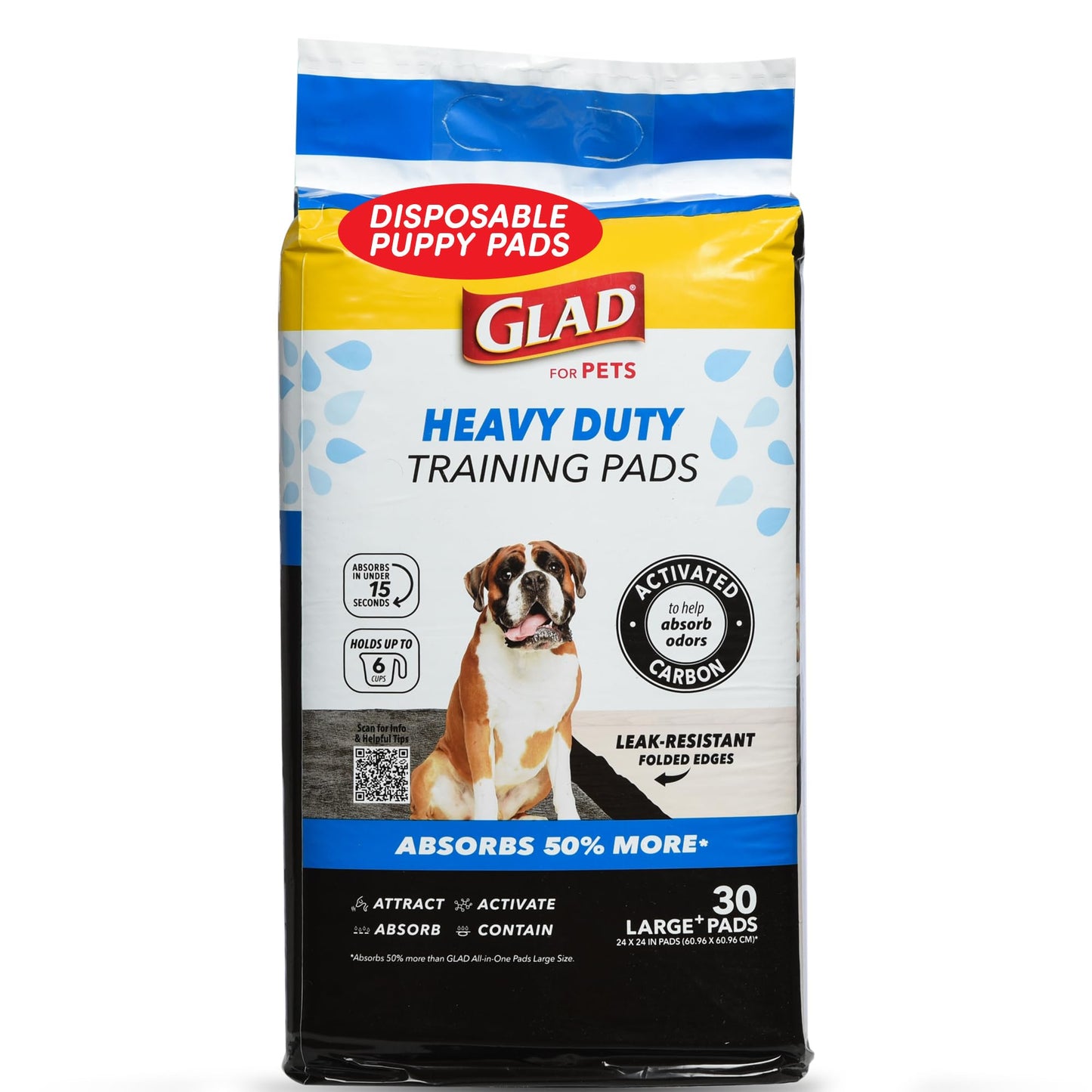Glad for Pets XL Heavy Duty Activated Carbon Puppy Essentials Training Pads - Zero Odor, Ultra Absorbent Pads for Puppy Potty Training, Indoor Dog Potty, Pee Pads for Dogs, 24" x 24", 30 Count