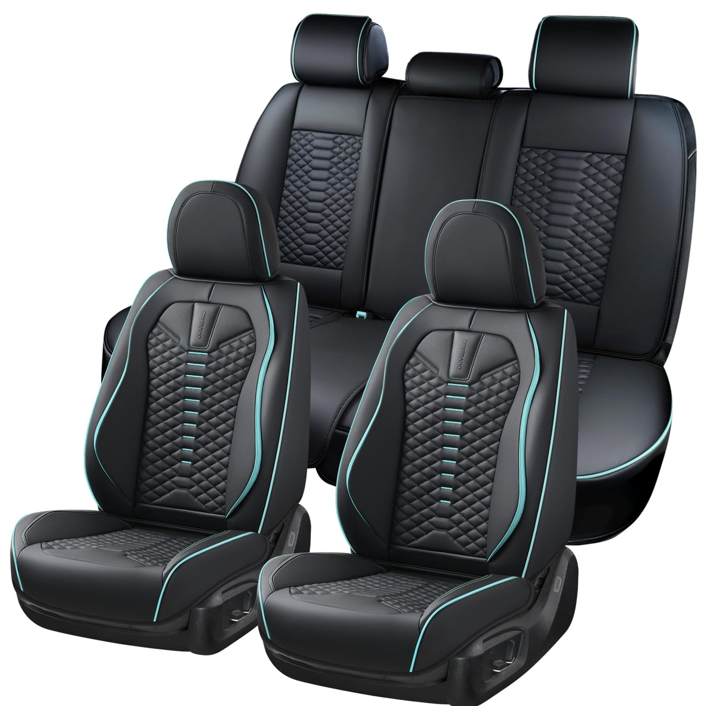 Coverado Leather Seat Covers, Car Seat Covers Full Set, Nappa Leather Seat Covers for Cars, Car Seat Protector Waterproof, Black Car Seat Cover, Universal Seat Cover Fit for Most Cars(Black&Blue)
