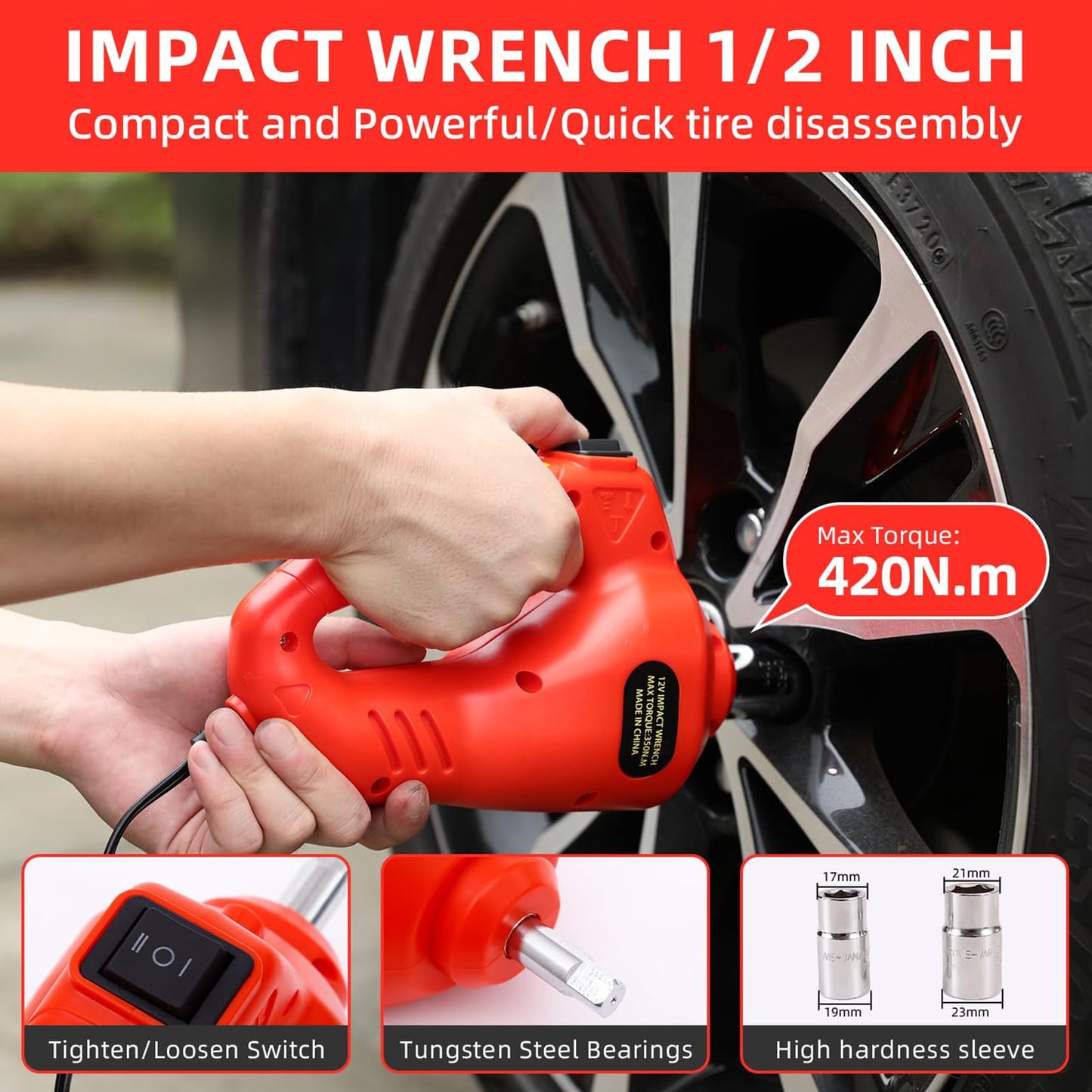 ROGTZ Electric Hydraulic Car Jack Kit 5 Ton 12V Portable Lift Range 17.7 Inch with Impact Wrench and Tire Inflator Pump for SUV Sedan Truck Car Repair Floor Jack for Vehicle Tire Change with LED Light