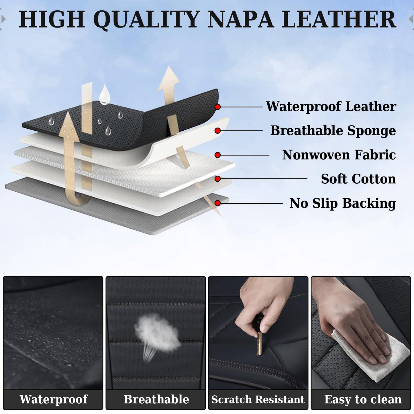 Coverado Seat Covers Full Set, Car Seat Cover Black, Seat Covers for Cars, Car Seat Protector, Nappa Leather Car Seat Cushion, Waterproof Car Seat Covers Front Seats and Back Fit for Most Cars