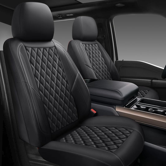 GEEYONTEK Premium Leather Car Seat Covers Full Set,Universal Fit for Cars,Trucks&SUVs,Waterproof Car Seat Cushion,Full Coverage Car Seat Protector with 5 Seats,Black