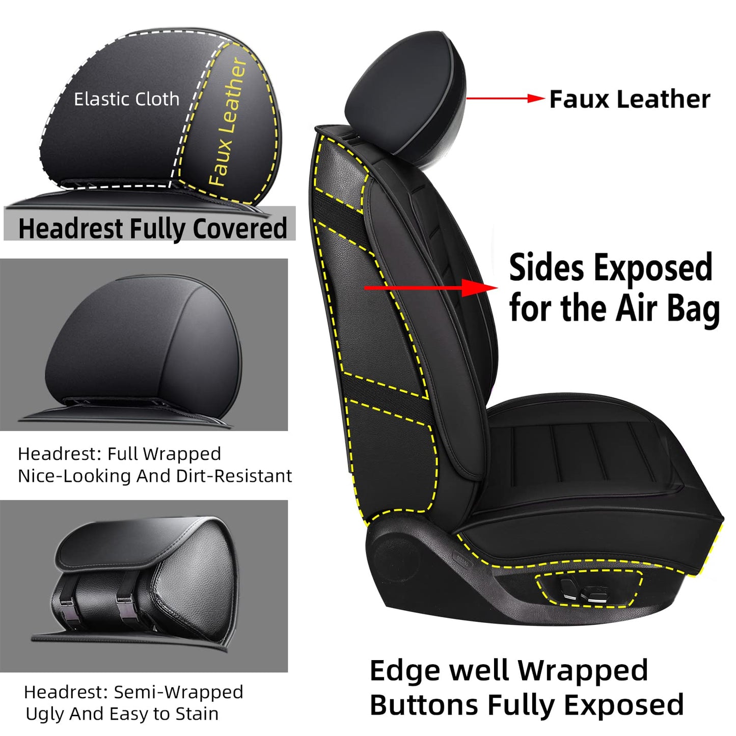 CAPITAUTO Universal Car Seat Covers Full Set - Waterproof Faux Leather, Airbag-Safe Design, Fit for Cars/SUVs/Trucks, 5-Seat Black Interior Accessories