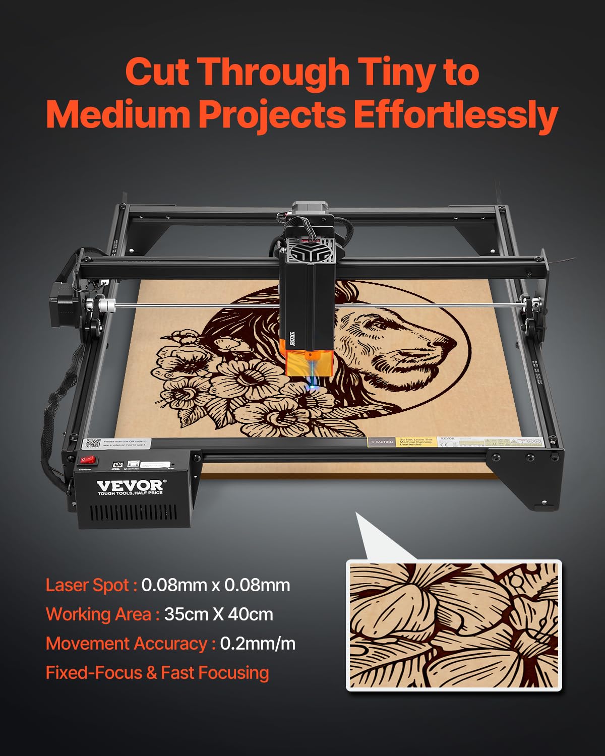 VEVOR 10W Output, Laser Engraving Cutter Machine, 14.9 x 15.7 in/38 x 40 cm Working Area, 10000 mm/min Movement Speed, Compressed Spot with Eye Protection, for Wood, Certain Metal, Black