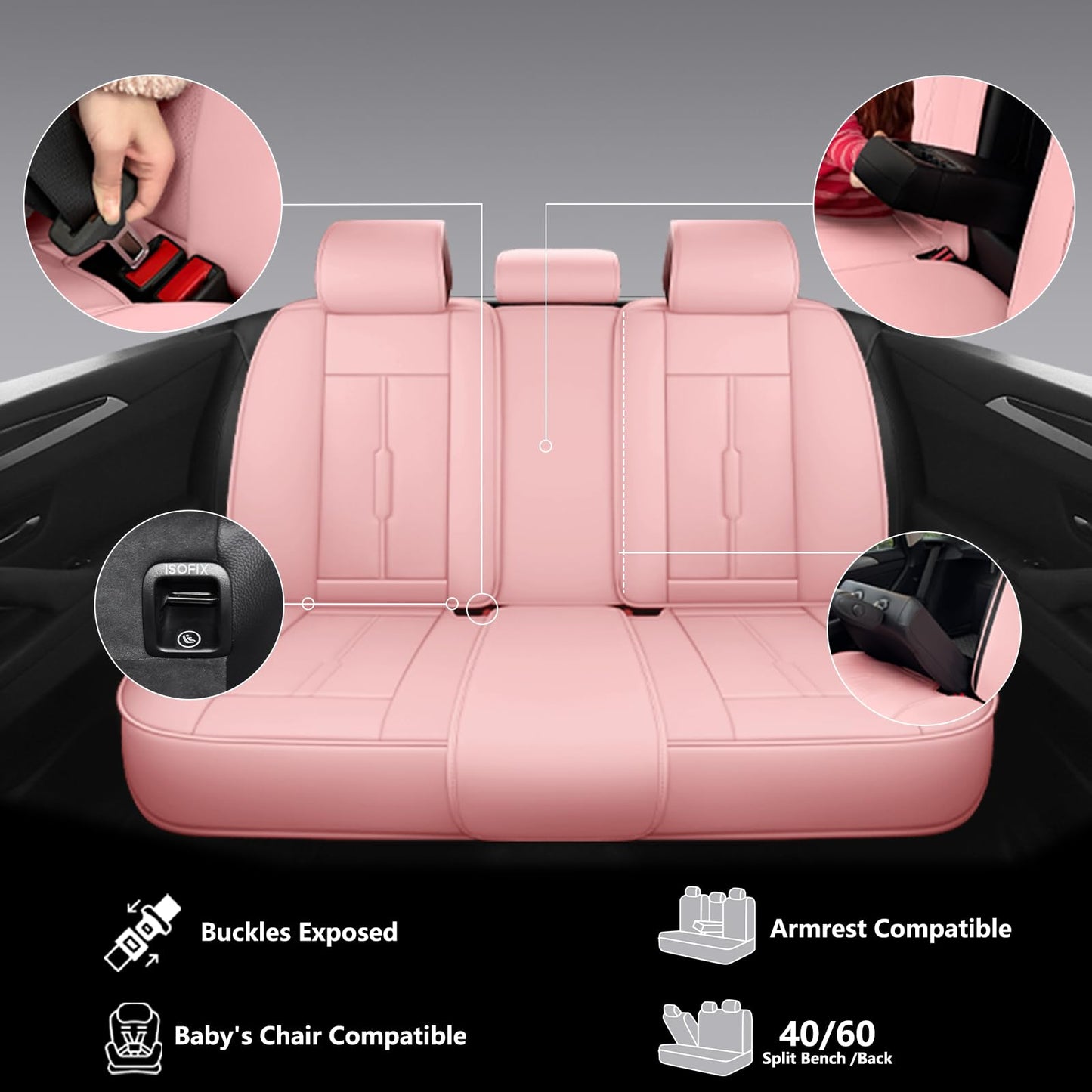 NS YOLO Universal Leather Car Seat Covers Full Coverage,Waterproof Custom Fit for Cars,SUVs and Trucks, Premium PU Leather Automotive Seat Protector with Anti-Slip Design,Pink Seat Cover for 5 Seats
