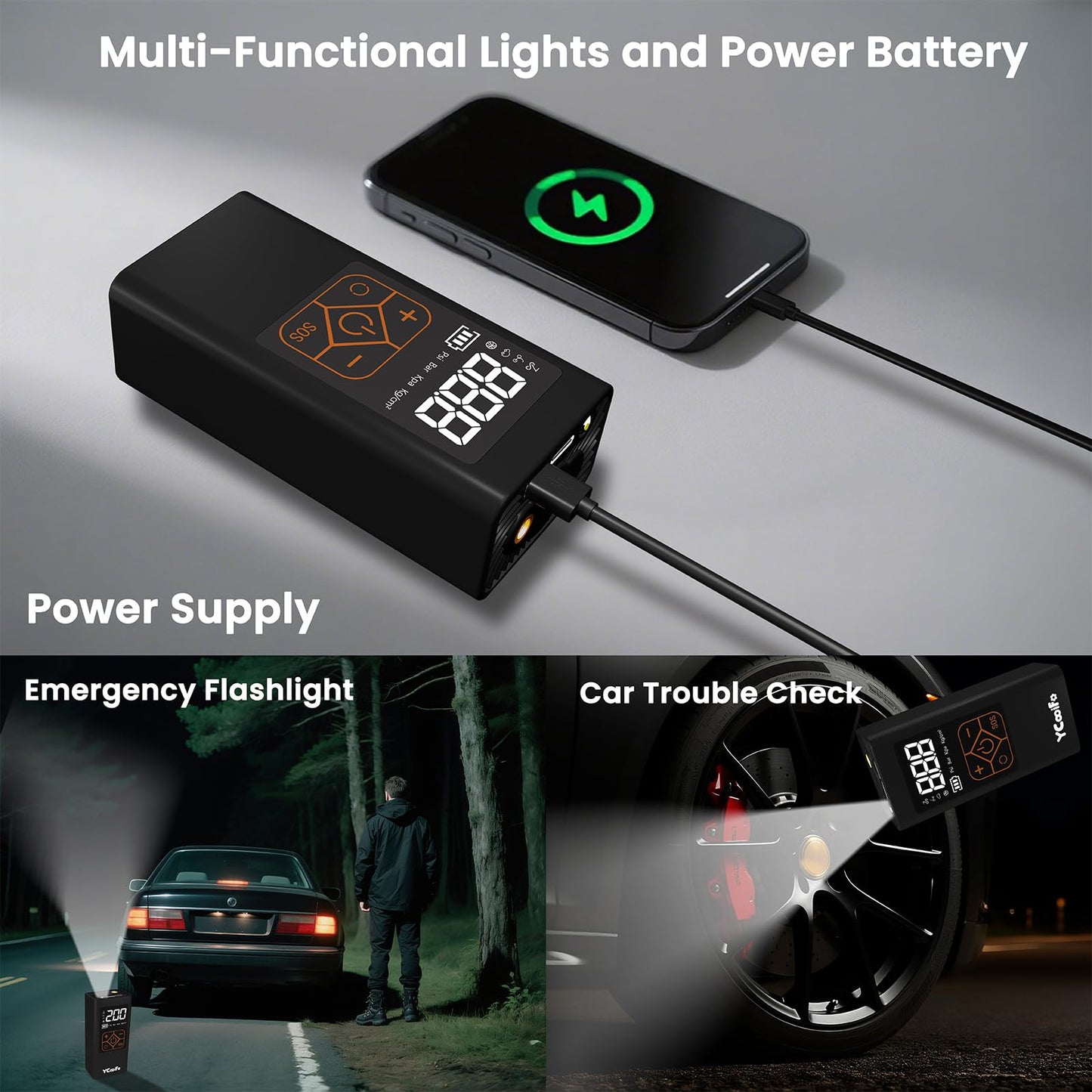 YCooiFo 150 PSI Tire Inflator Portable Air Compressor, 8000mAh Battery Auto Shut-Off Air Pump, 6X Inflator Portable Tire Inflator for Car, Bicycle, Motor, Ball