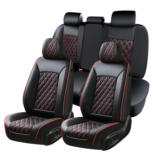 Huidasource Seat Covers for Car, Full-Cover Nappa Leather Car Seat Covers Full Set Waterproof, Black Car Seat Cover Front ＆ Back Seat Fit for Most Cars, Vans, Trucks, SUVs (Full Set/Black&Red)