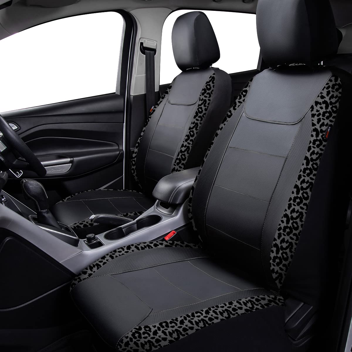 Flying Banner Carbon Fiber Leather Vehicle Seat Covers, Leopard Gray Black, Universal Fit - 8PCS