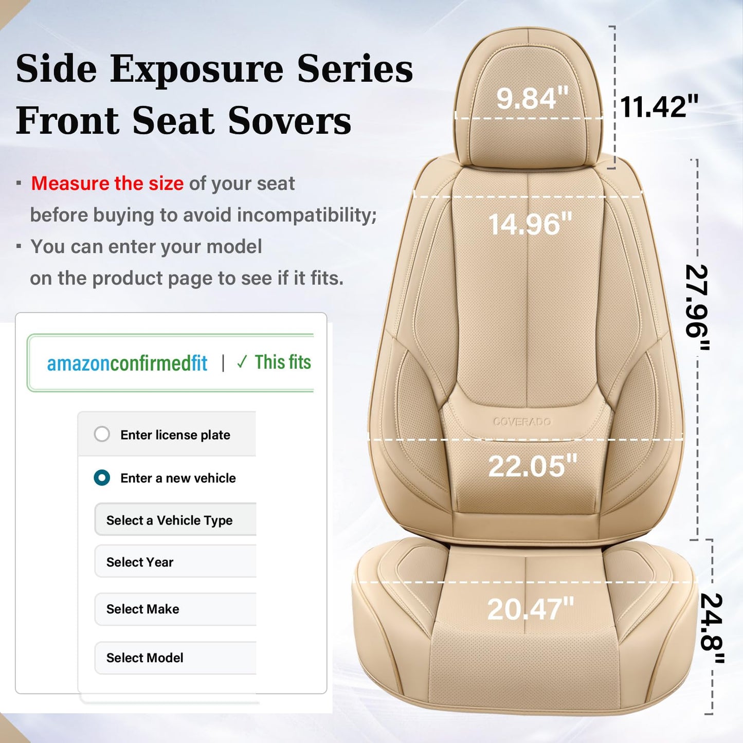 Coverado Front Seat Covers, 2 Pieces Universal Seat Covers for Cars, Waterproof Nappa Leather Sideless Auto Seat Protectors, Car Seat Cushions Universal Fit for Most Sedans SUV Pick-up Truck Beige