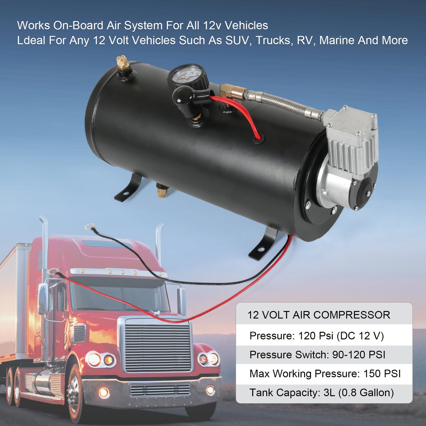 DC 12V MAX 150PSI Air Compressor Tank Pump with 3 Liter Tank 0.8 Gallon Portable Air Compressor Pump for Train Truck Pickup Motorhome Horns On Board 3L Train Inflator