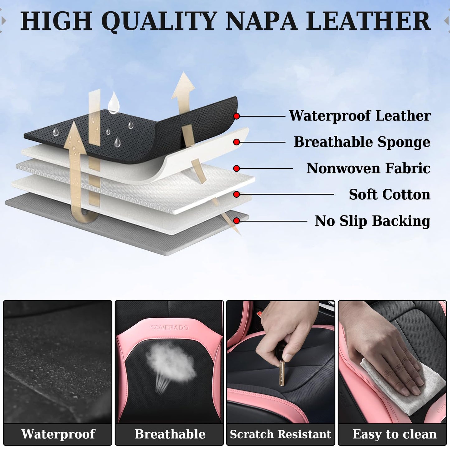 Coverado Car Seat Covers Full Set, Waterproof Nappa Leather Seat Covers for Car, Car Seat Protector with Lumbar Support, Automotive Seat Covers Universal Fit for Most Cars SUV Trucks, (Black&Pink)