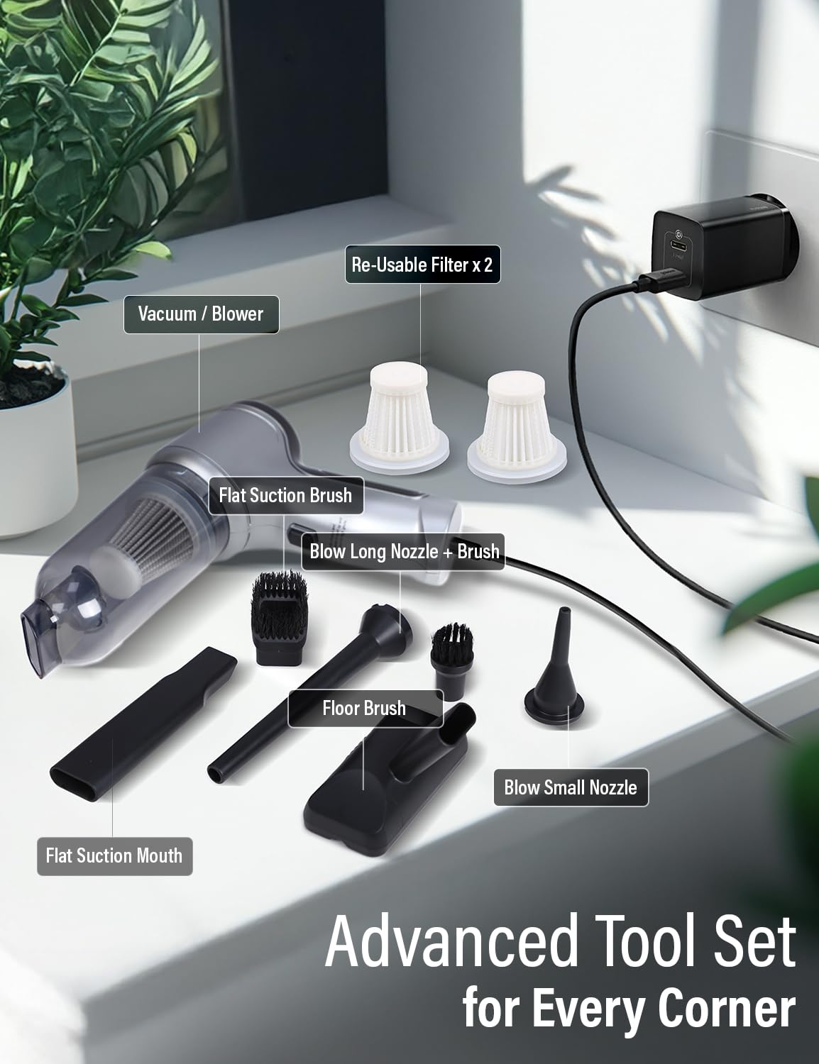 EcoNour 3-in-1 Cordless Handheld Car Vacuum Cleaner – 120W Power, 12,000Pa High Suction, Dual Rechargeable Batteries – Portable Dust Buster for Car, Home & Pet Hair