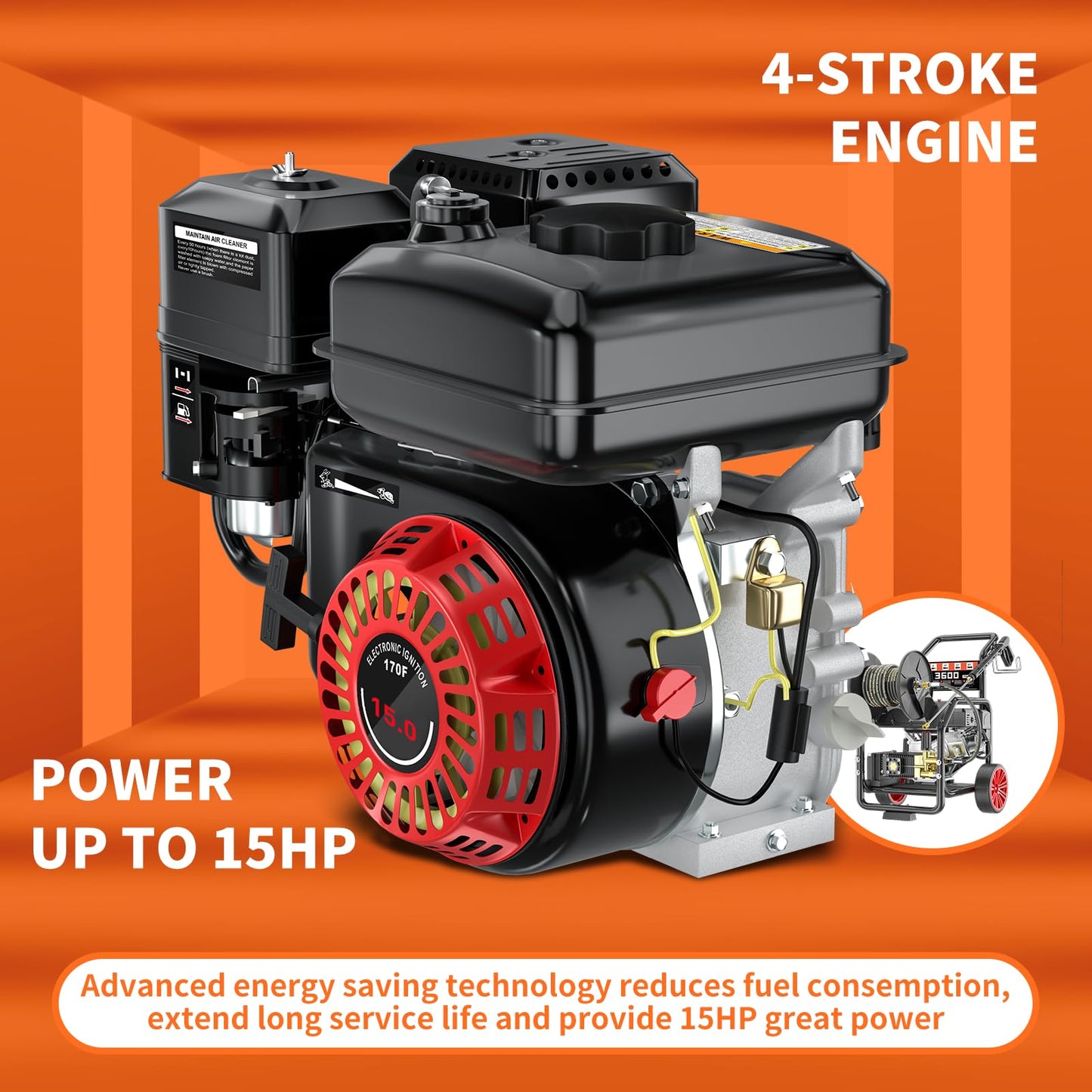 KARHDIR 4400PSI Gas Pressure Washer with Hose Reel, One-Button Start 296cc 15HP 4-Cycle Engine, 4.0 GPM Heavy Duty Power Washer with 50FT 3/8" Hose, Spray Gun & Wand, 5 Quick Connect Nozzles