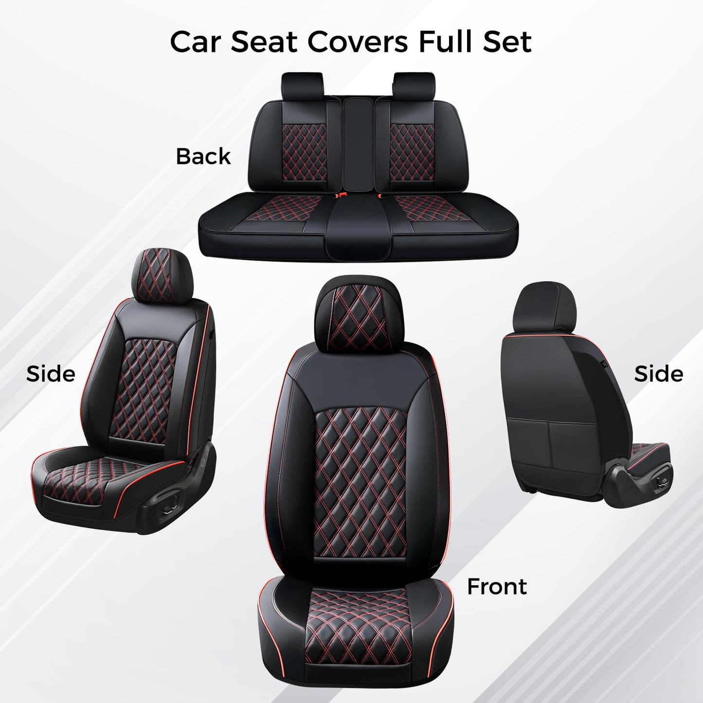 Huidasource Seat Covers for Car, Full-Cover Nappa Leather Car Seat Covers Full Set Waterproof, Black Car Seat Cover Front ＆ Back Seat Fit for Most Cars, Vans, Trucks, SUVs (Full Set/Black&Red)