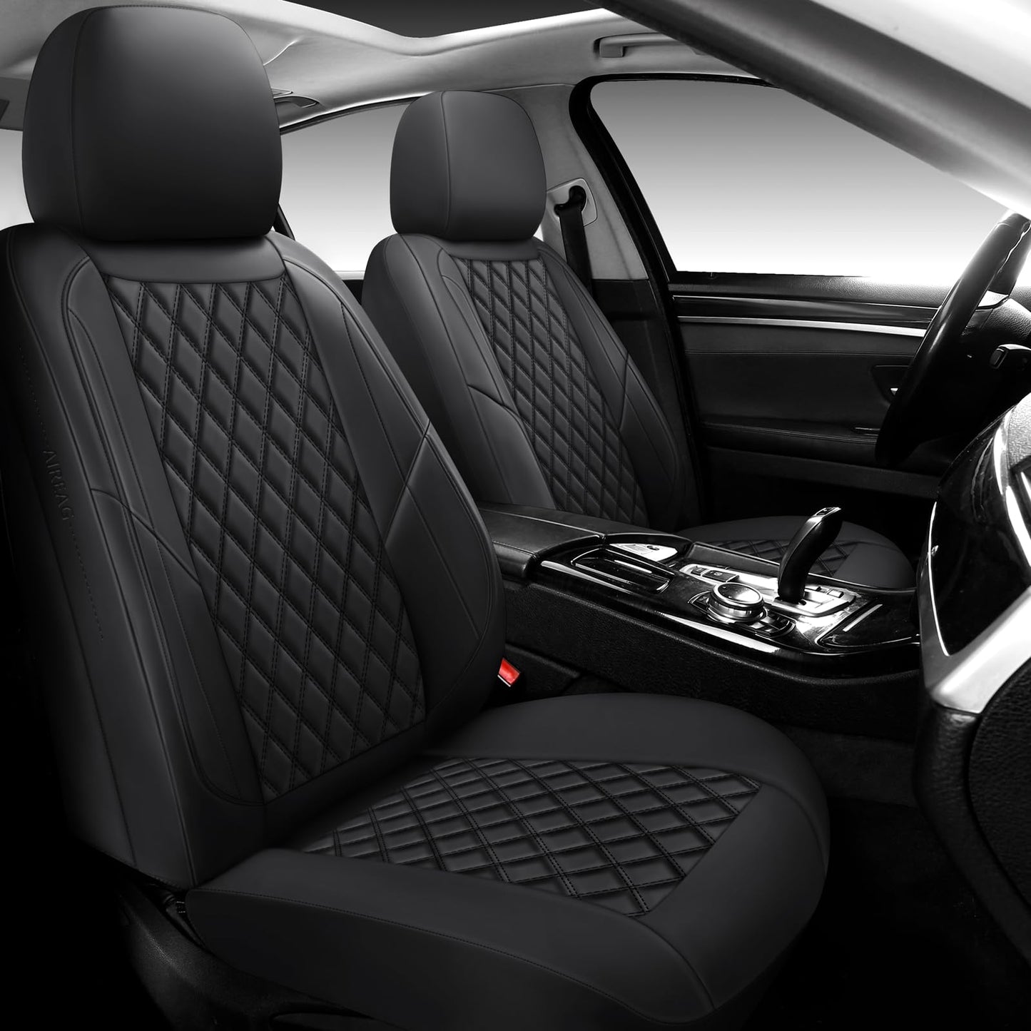 GEEYONTEK Premium Leather Car Seat Covers Full Set,Universal Fit for Cars,Trucks&SUVs,Waterproof Car Seat Cushion,Full Coverage Car Seat Protector with 5 Seats,Black