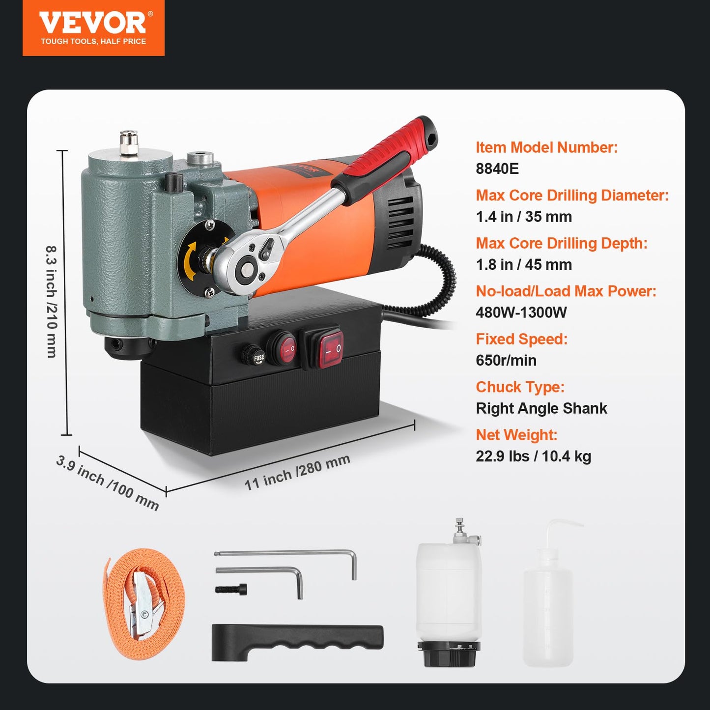 VEVOR Low Profile Magnetic Drill Press, 1300W Mag Drill, Light Weight Portable Mag Drilling Machine with Cooling Device and Overload Protection, Mag Press for Equipment Installation, Industrial
