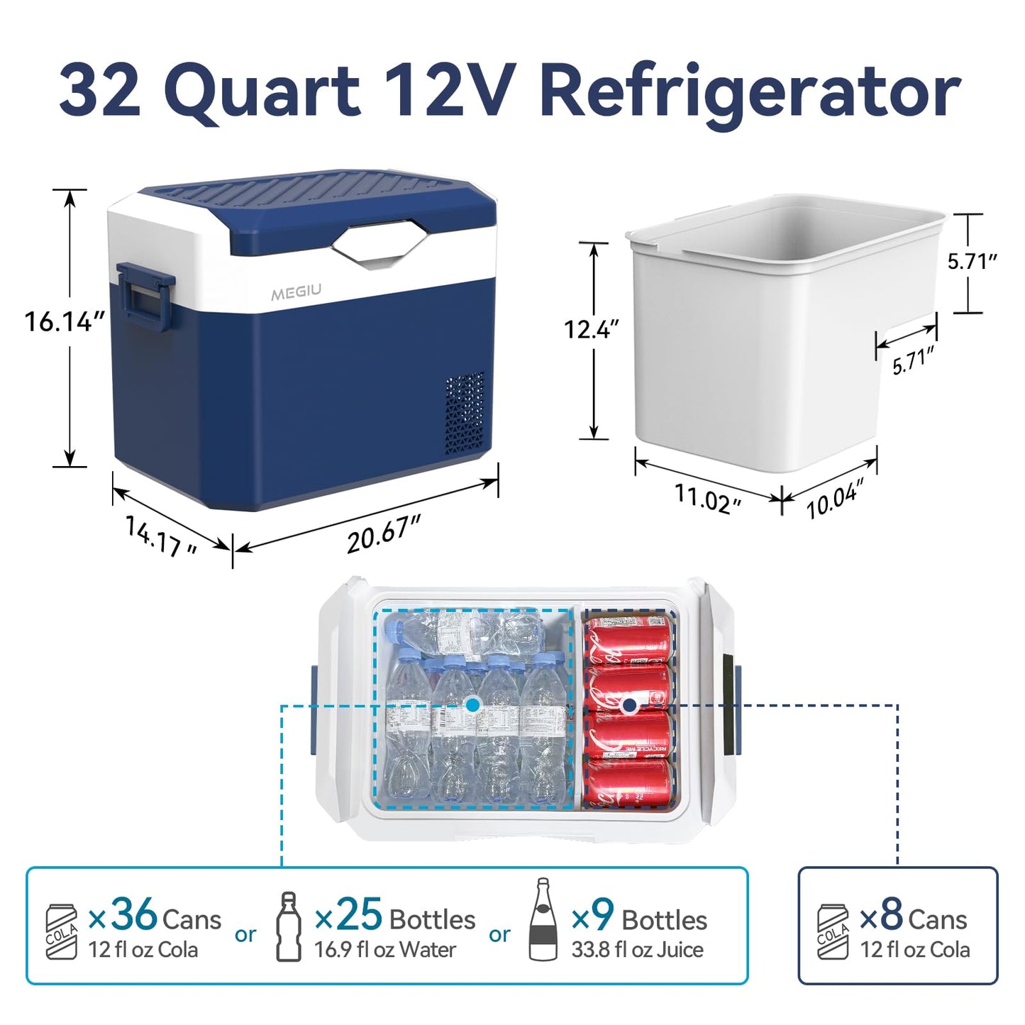 Megiu Car Refrigerator Portable 12V Fridge 32 Quart 12 Volt Freezer Compressor Cooler 12V/24V DC 110～240 V AC for Truck Van RV Camper SUV and Home Use
