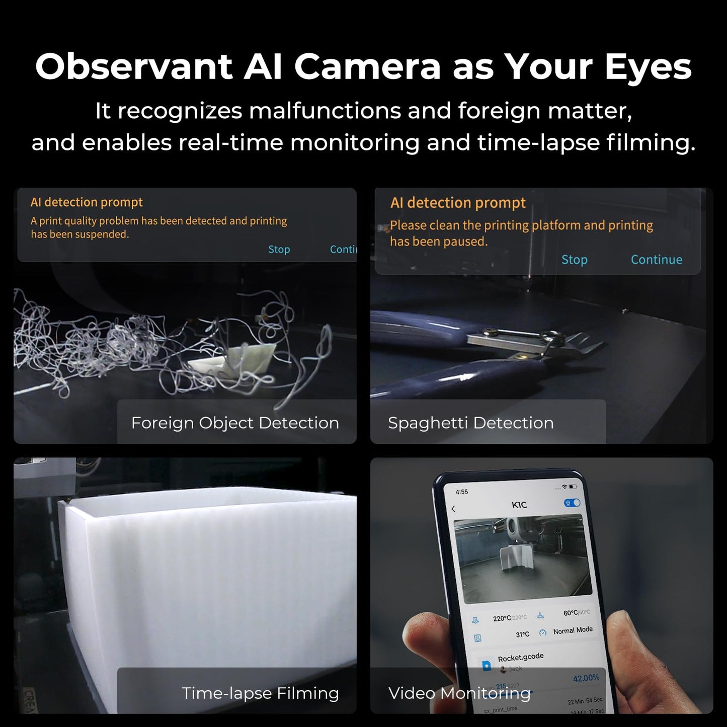 Creality K1C 3D Printer, 600mm/s Fast Speed Auto Leveling 3D Printers with AI Camera for 300°C Printing, Switchable Silent Mode Reliable Carbon Fiber 3D Printing 220 * 220 * 250mm