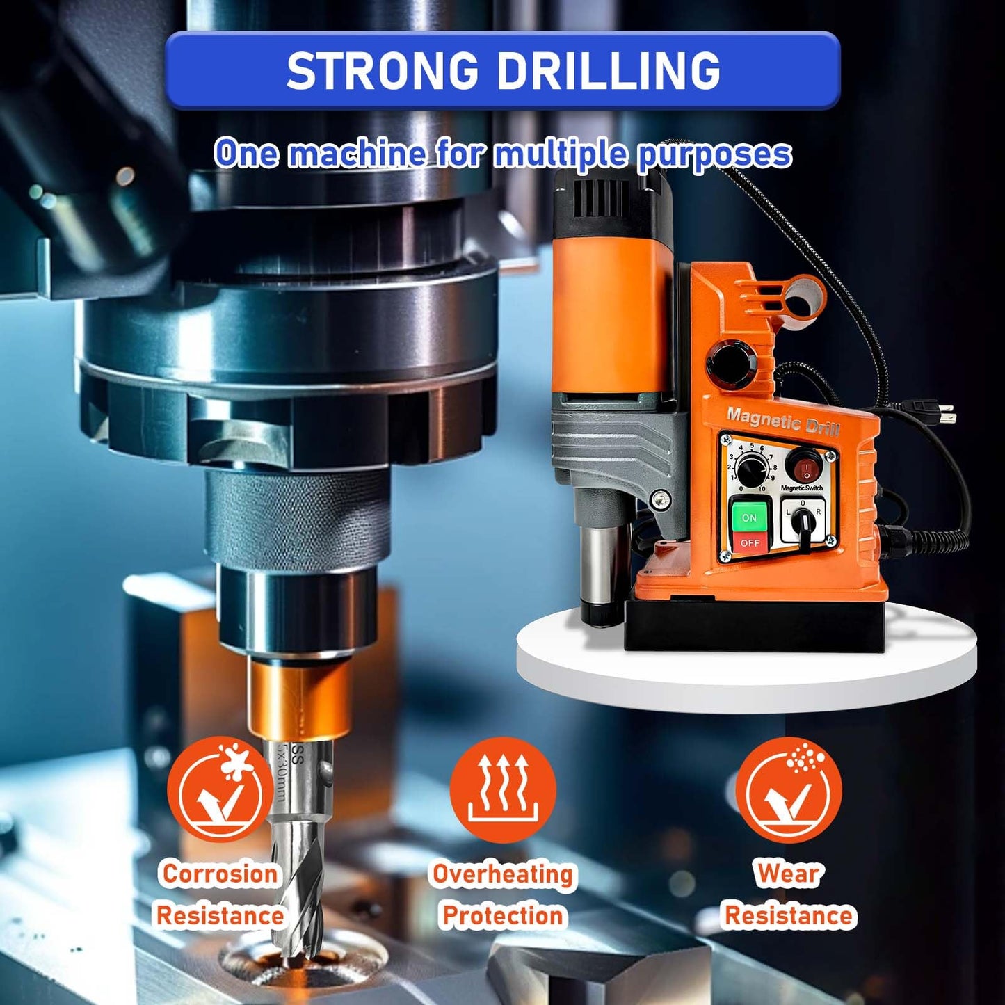 Magnetic Drill, 1400W 2" Boring Diameter, 810 RPM Power Magnetic Drill Presses, 2922lbf/13000N Drill Press with Variable Speed, for Metal Surface, Industrial/Home Improvement
