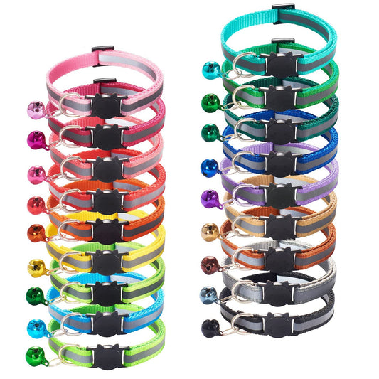 Flymind 18Pcs Reflective Cat ID Collars with Bell Adjustable 19-32cm, Soft Nylon Adjustable Breakaway Identification Collars for Puppy Kittens