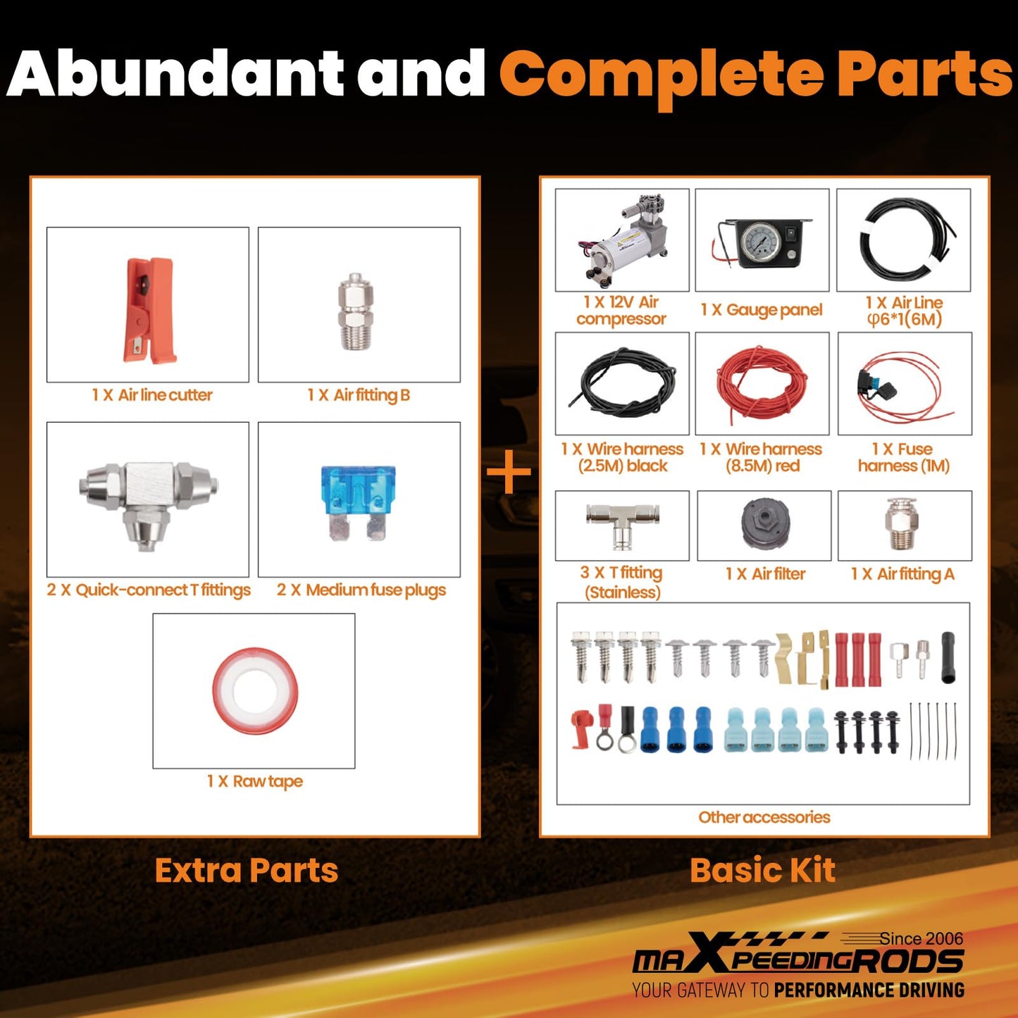 maXpeedingrods On Board Air Compressor System Up to 120 PSI Air Spring Compressor Kit with Analog Gauge Air Line T Fittings Single Path System for Trucks Vans