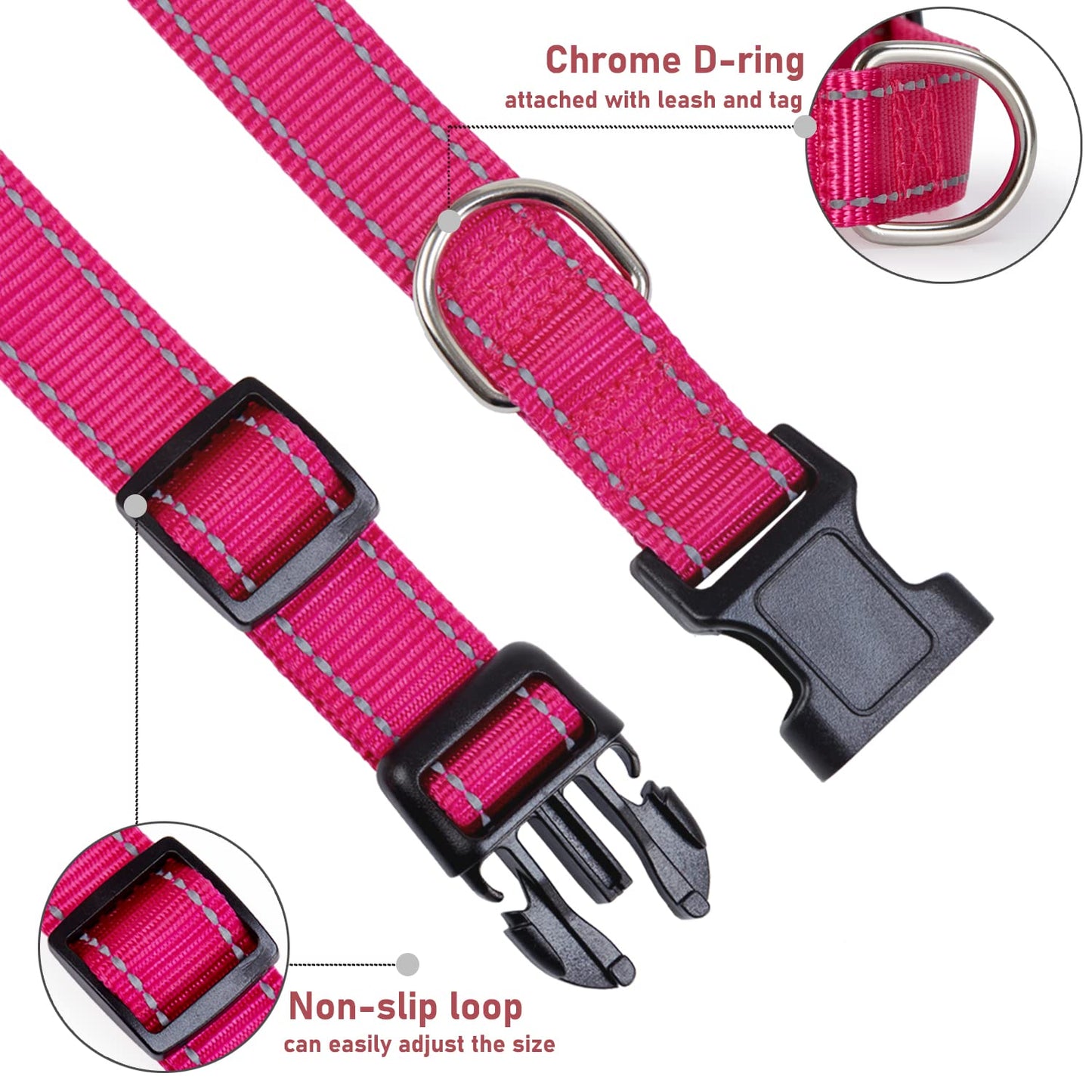 Reflective Dog Collar with Buckle Adjustable Safety Nylon Collars for Small Medium Large Dogs, Pink S