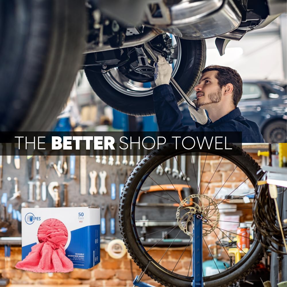 Microfiber Shop Towels | MWipes Reusable Red Shop Rags | 50 Rags in a Box (400 Count) | Super Absorbent, Machine Washable Hundreds of Times | Automotive, Paint, Industrial, Detailing