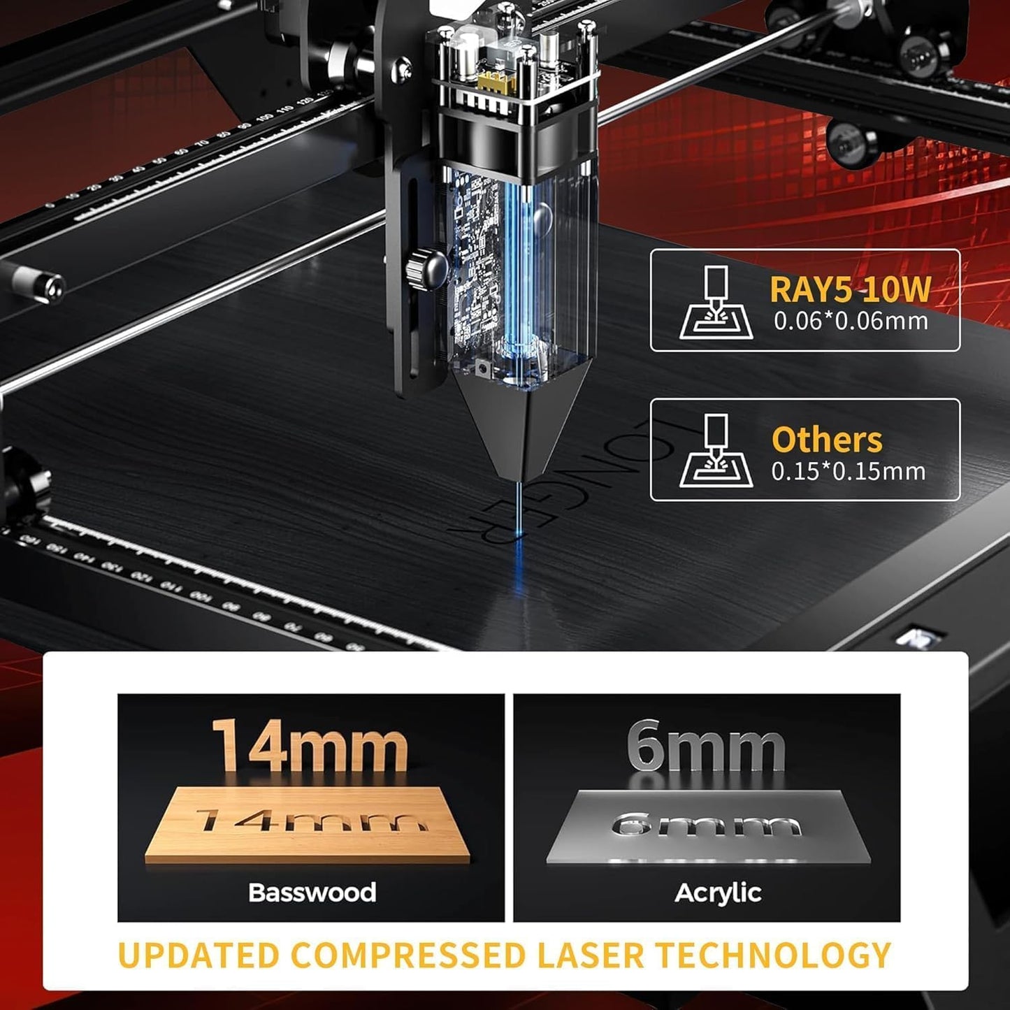 Longer RAY5 10W Laser Engraver,10000mW Output, 32-bit Motherboard, App Offline Control, DIY Engraver Tool for Metal/Glass/Wood，Engraving Area 15.75"x15.75"