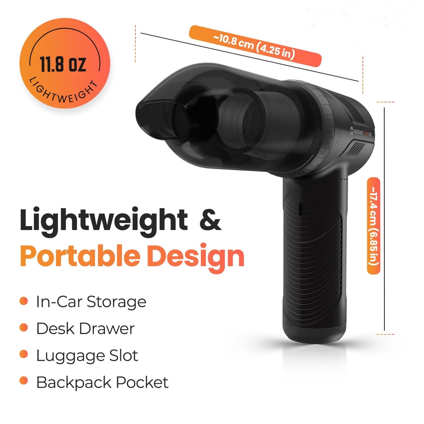 Hedgehog TurboVAC 3 in 1 Portable Car Vacuum Cleaner, Blower & Air Pump - Hand Held Vacuum Cleaner for Car with USB C Rechargeable, 14000PA Powerful Suction, Lightweight Dust Buster for Home & Outdoor