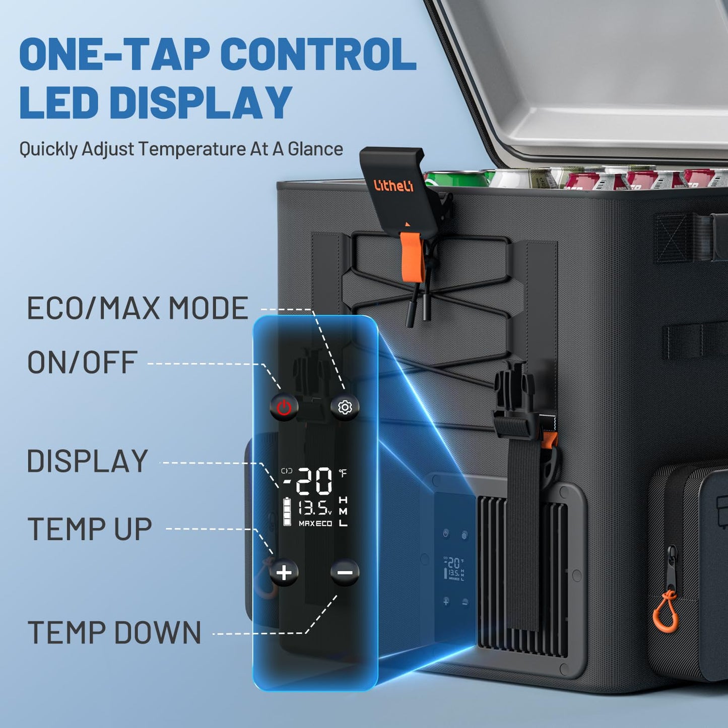 LiTHELi Frozen Pack 12V Car Refrigerator & Portable Electric Cooler, 20L/21QT with 2 U20 Batteries, -4~68℉ Travel Fridge Freezer for Camping, Road Trips, RV, Boat & Beach (Backpack Design)