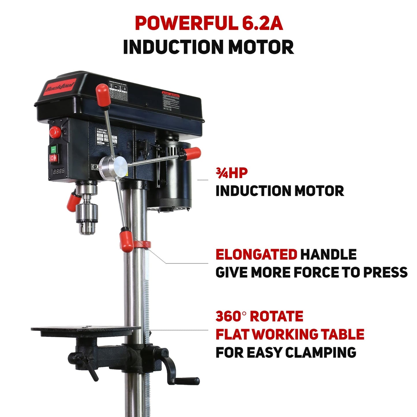 BUCKTOOL 12 INCH 6.2A Professional Bench Drill Press, 3/4HP Powerful Benchtop Drill Press, Variable Speed Drill Press with IIIA Laser and Work Light