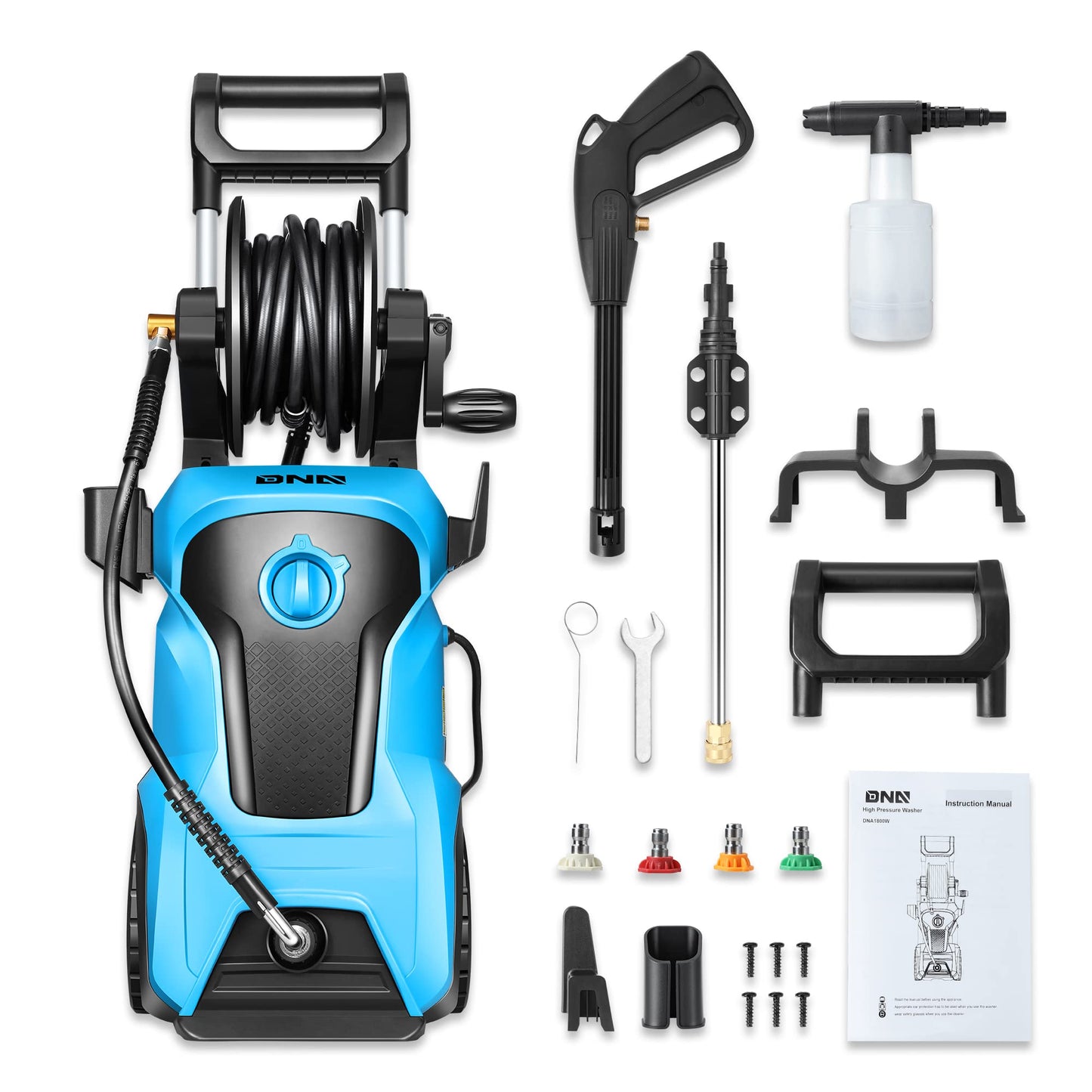 DNA MOTORING TOOLS-00231 Up to 2176 PSI Pressure 2.4 GPM Max Flow Electric Pressure Washer for Yard and Car Cleaning with Spray Nozzle Foam Bottle + 4 Turbo Nozzles IPX5 Driveway Patio Deck (Blue)