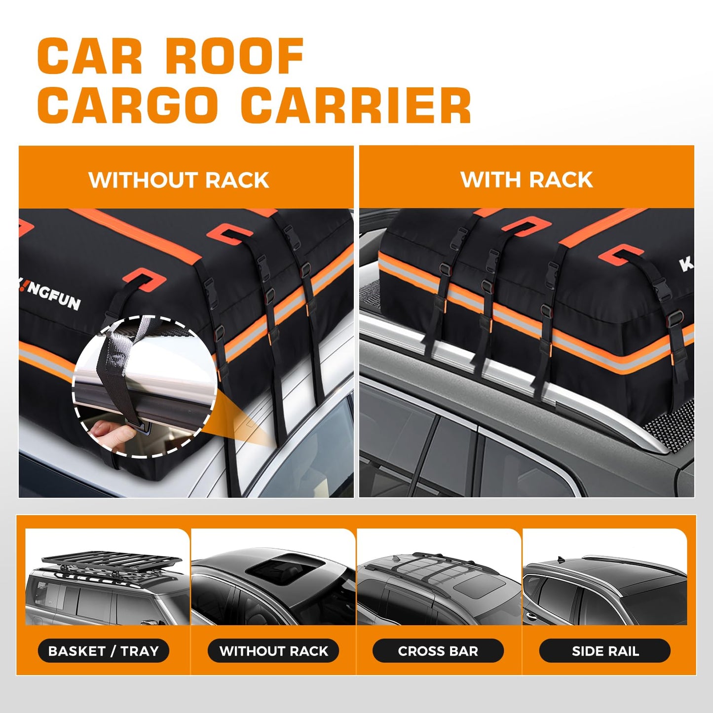Kingfun Car Rooftop Cargo Carrier – Waterproof 20 Cubic Feet Car Roof Bag Fit All Vehicles with/Without Roof Racks, Includes Anti-Slip Mat, 8 Reinforced Straps & 6 Door Hooks, Luggage Locks