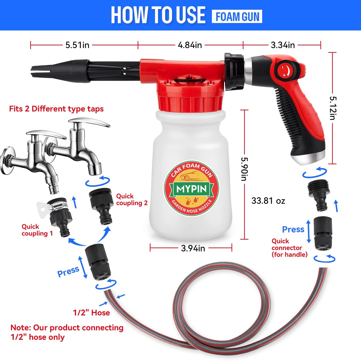Car Wash Foam Gun/Hose Sprayer, 16 IN 1 Cannon, Adjustable with 2.5-6 Ratio Dial Foam Blaster, 1L Bottle, Nozzles, Mitten, 1/2” Quick Connector for Garden Hose, for Car/Garden Cleaning