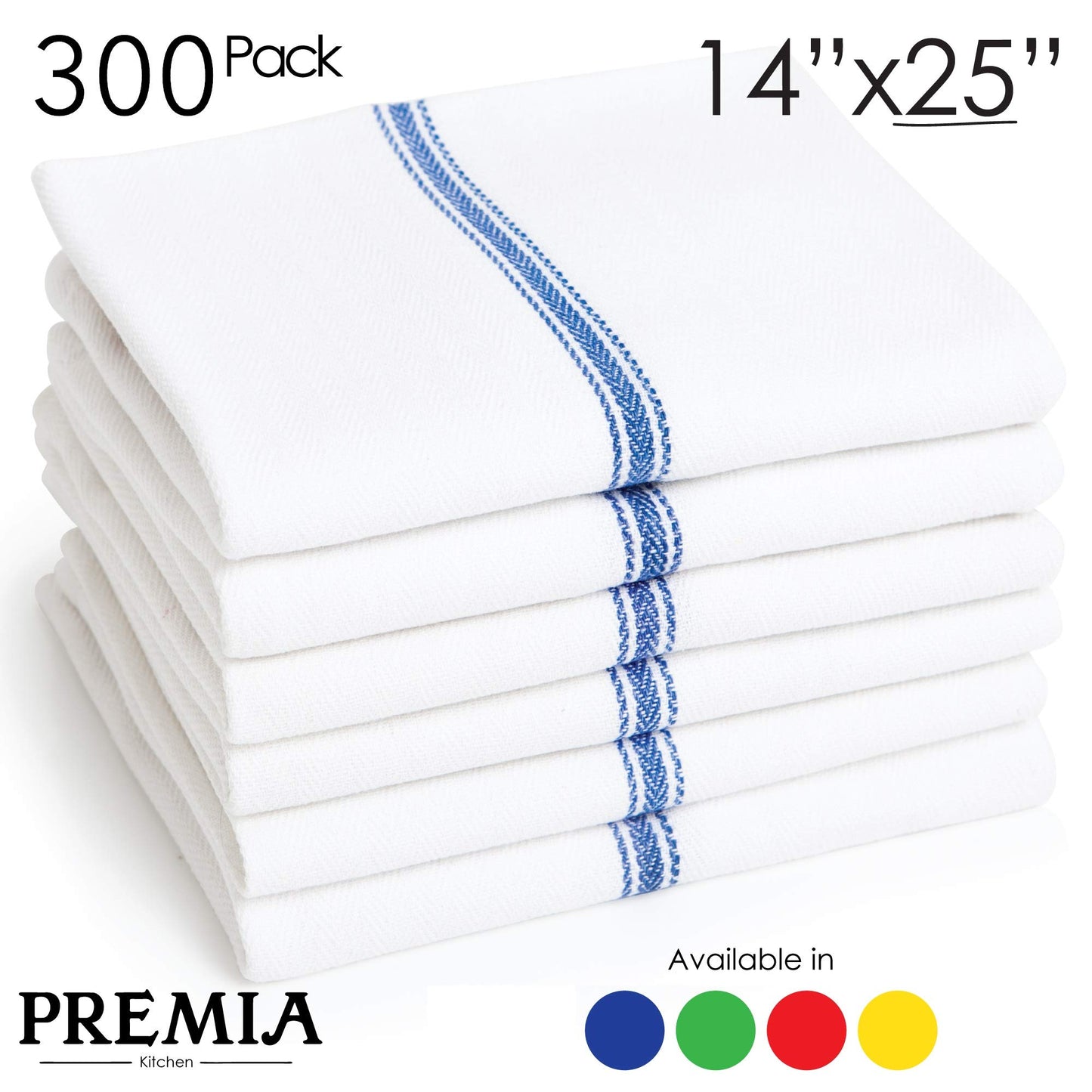 Bulk Economy Wholesale Kitchen Dish Towels (300 Towels) - 100% Cotton Herringbone - Commercial Grade - Bleach Resistant - Restaurant Bar Mops - 24 oz/dz - White with Blue Stripes