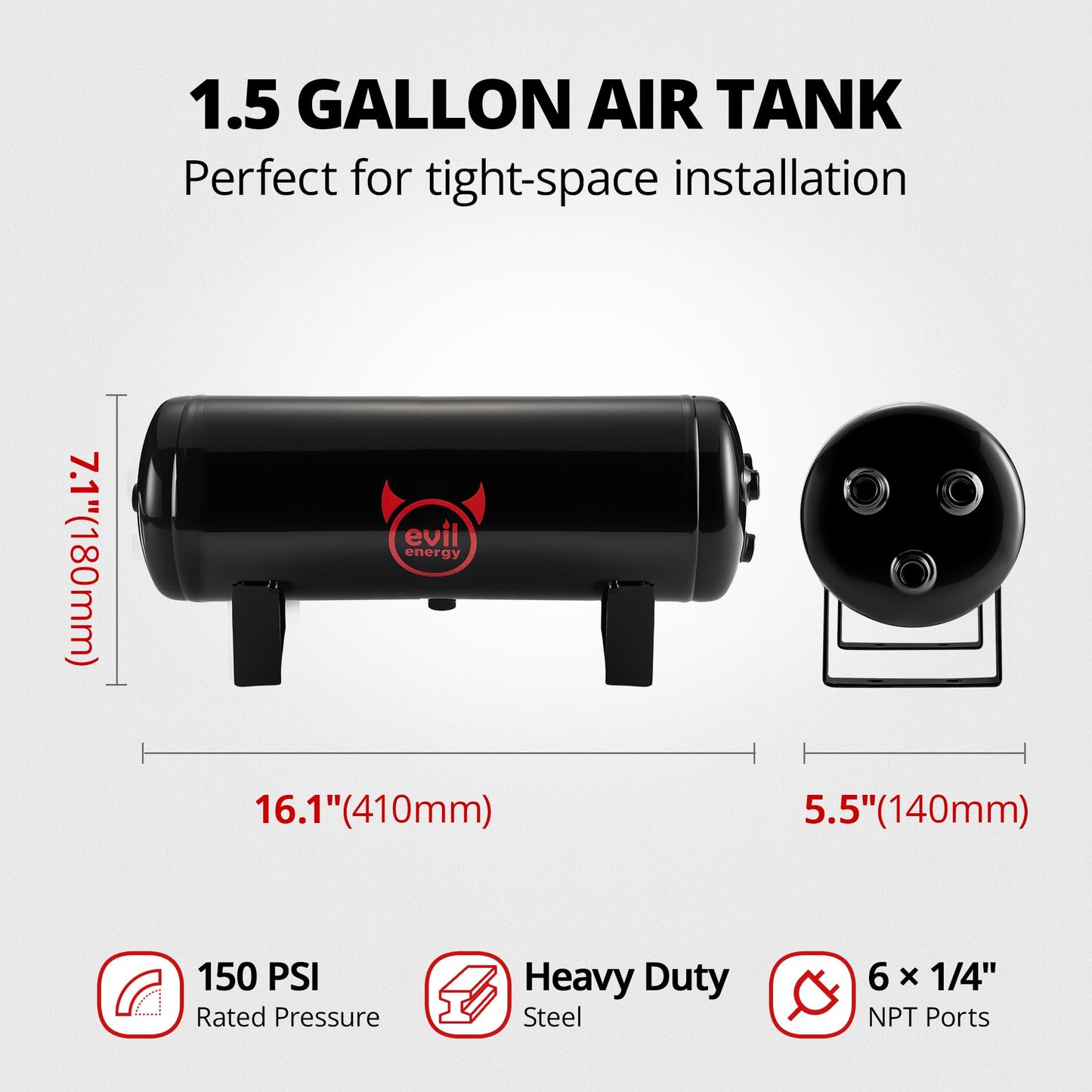 EVIL ENERGY 1.5 Gallon Air Compressor and Tank Kit 6 Ports 1/4" NPT 150 PSI Rated 12V Air Tank Compressor for Truck, Air Horn, Inflating Tires, Suspension Systems, Train Horn, DIY Pneumatic Tools