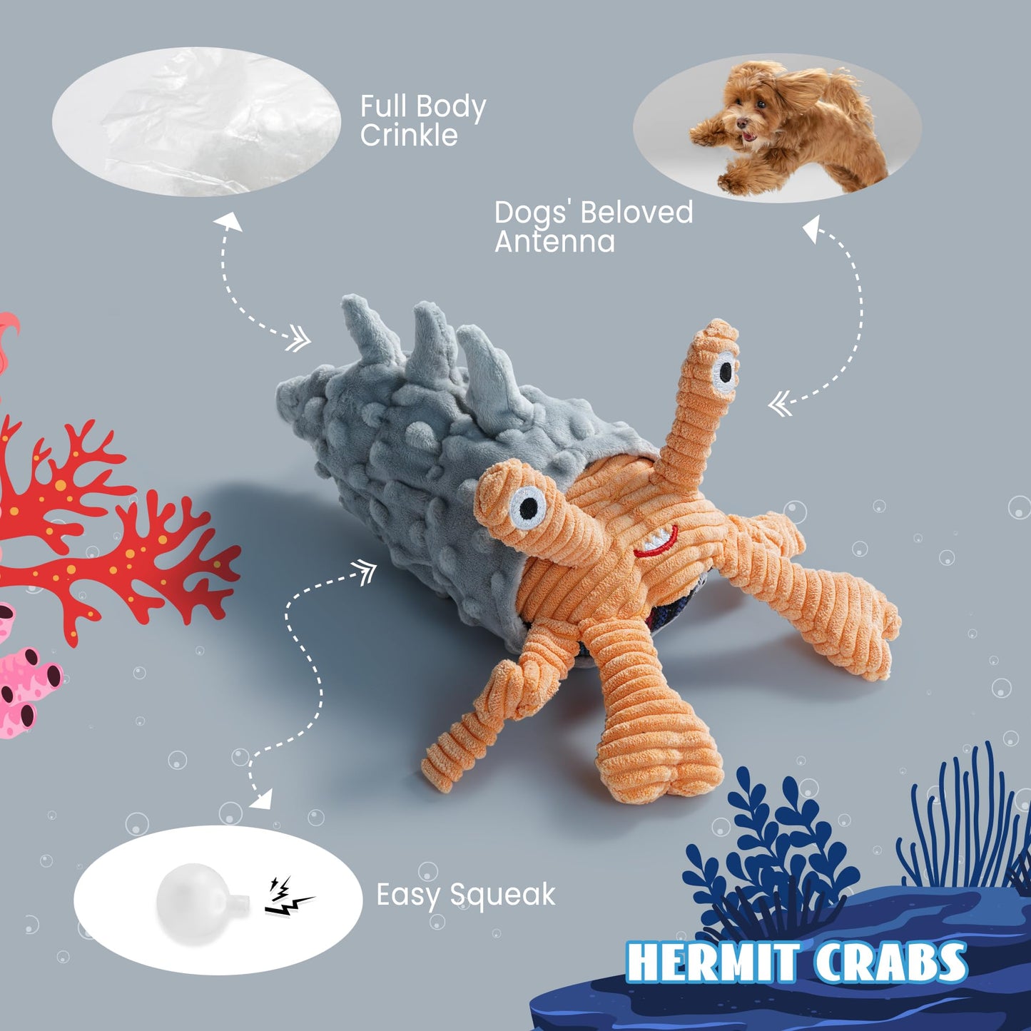 Nocciola 4 Packs Crinkle Squeaky Dog Toys for Aggressive Chewers, Durable Stuffed Plush Rope Tug Puppy Toy for Small, Medium Large Dogs, Octopus Fish Ocean Beach Summer, Dog Birthday Gifts