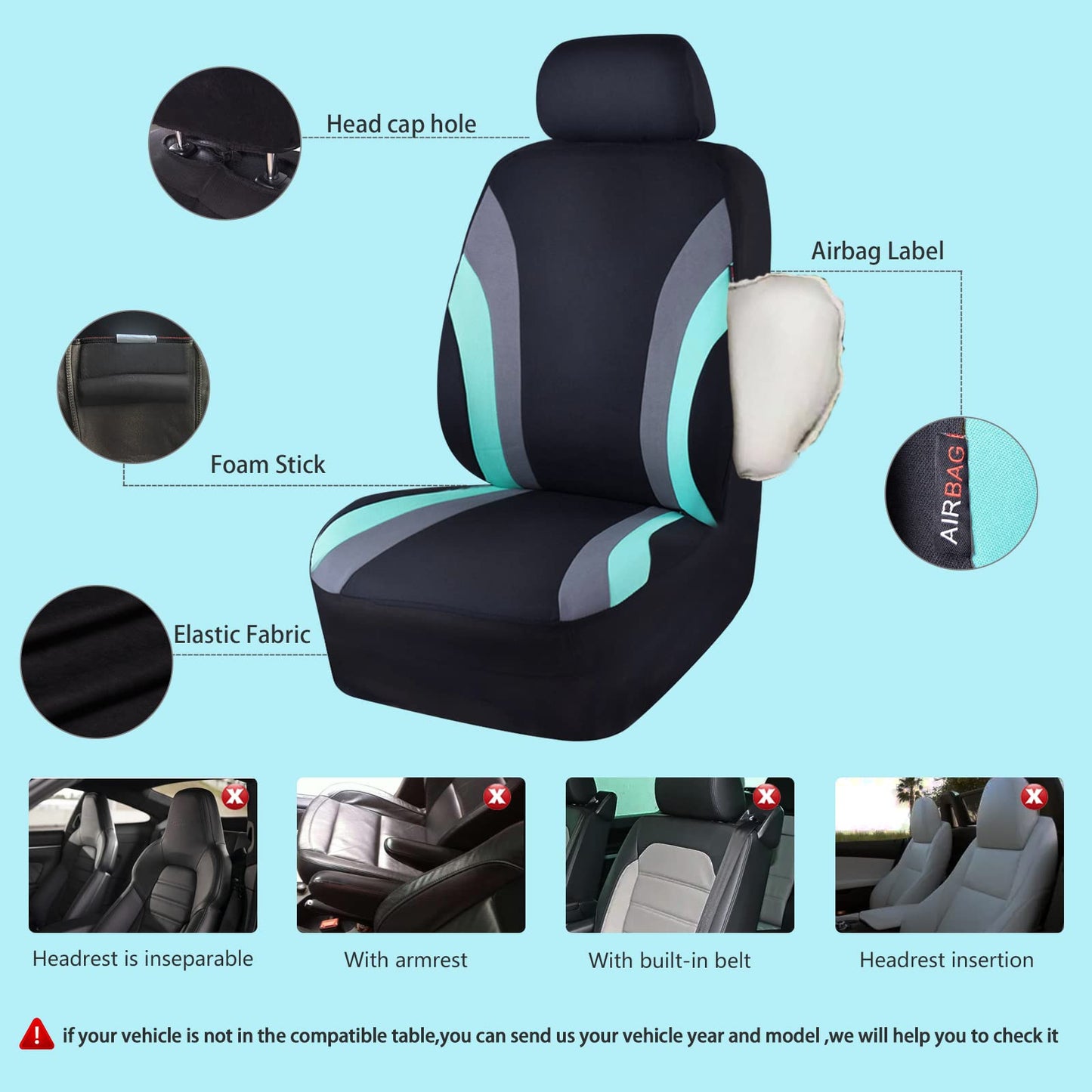 CAR PASS Line Rider Sporty Cloth 11PCS Universal Fit Car Seat Cover -100% Breathable with 5mm Composite Sponge Inside,Airbag Compatible,3zipper Bench(Full Set, Black and Mint)