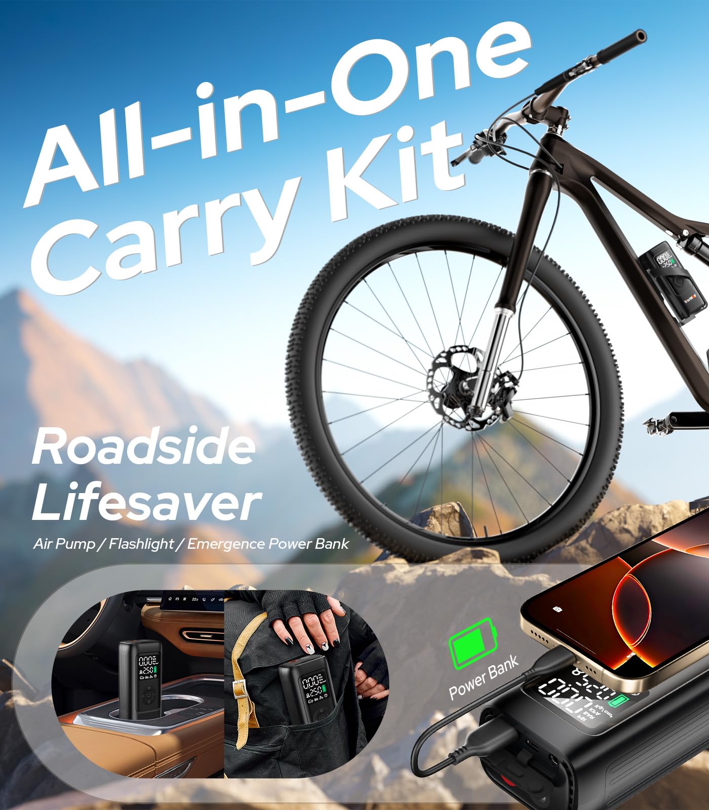 WARWOLF 160PSI Tire Inflator Portable Air Compressor - Fast Air Pump for Car Tires: SUV, Light Truck, Motorcycle, Bike, with Auto Shut-Off, Digital Gauge, 12V Car Adapter, LED Light