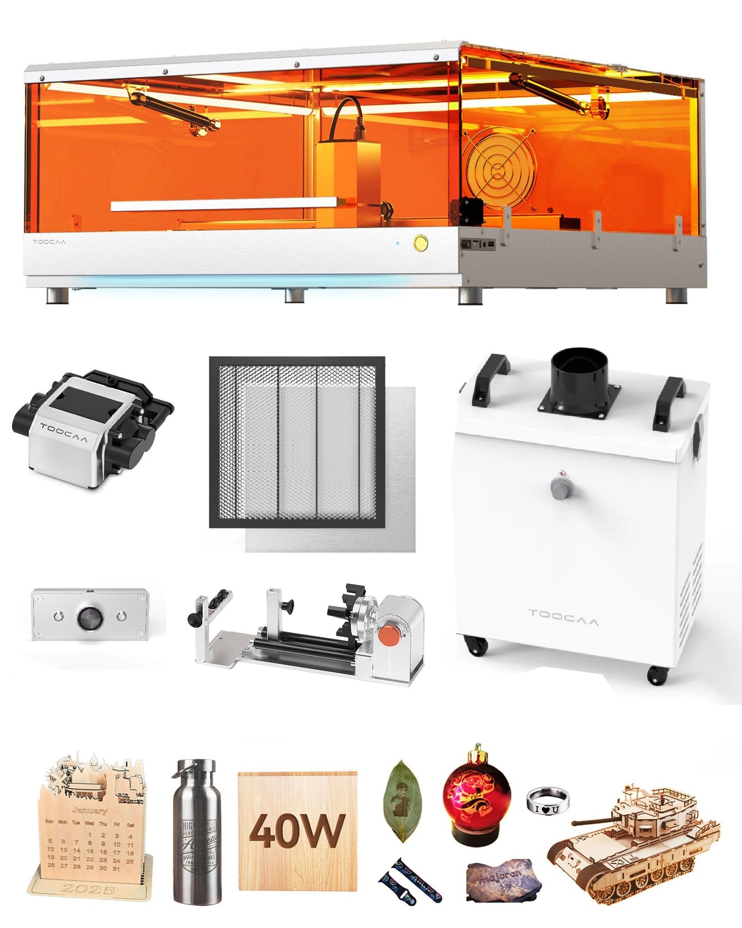 TOOCAA 40W Lazer Engraving Machines with 5 in 1 Rotary Roller Set, Fume Extractor, Smart HD Camera, Air Assist, Honeycomb Panel, Laser Cutter and Engraver Machine for Tumblers Wood Metal Acrylic