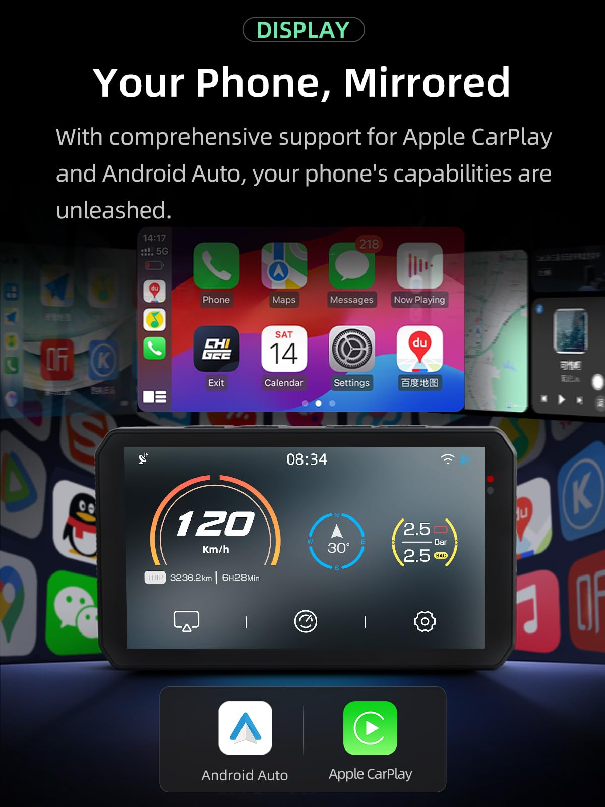 CHIGEE AIO-5Play Motorcycle Carplay Android Auto GPS Navigation System, 5" IPS LCD 60FPS, 5G Wi-Fi BT, IP68 Waterproof, Support Siri Google Assistant, Dedicated App