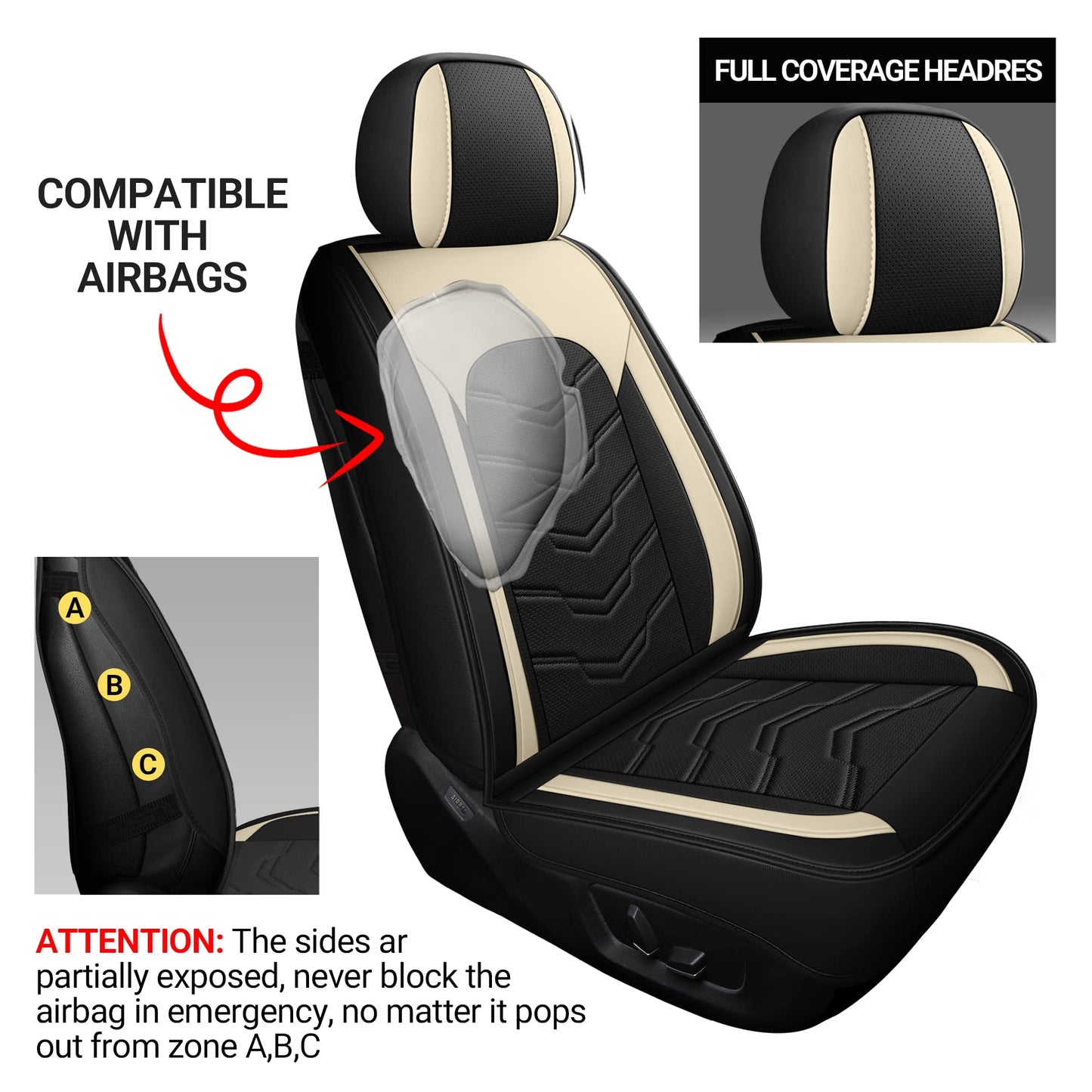 AOOG Leather Car Seat Covers 5 PCS Full Set, Breathable Faux Leatherette Automotive Seat Covers, Non-Slip Interior Covers Waterproof for Most Sedans SUV Trucks,Airbag Compatible,Beige&Black