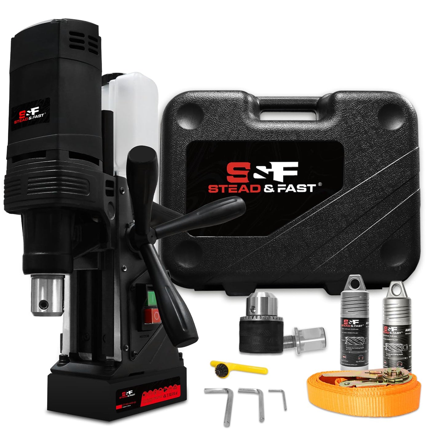 S&F STEAD & FAST Mag Drill Press Kit, 1100W Portable Magnetic Drill, 700 rpm No Load Speed, Max Depth of Cut 2", Max Boring Diameter 1-9/16", Carrying Case