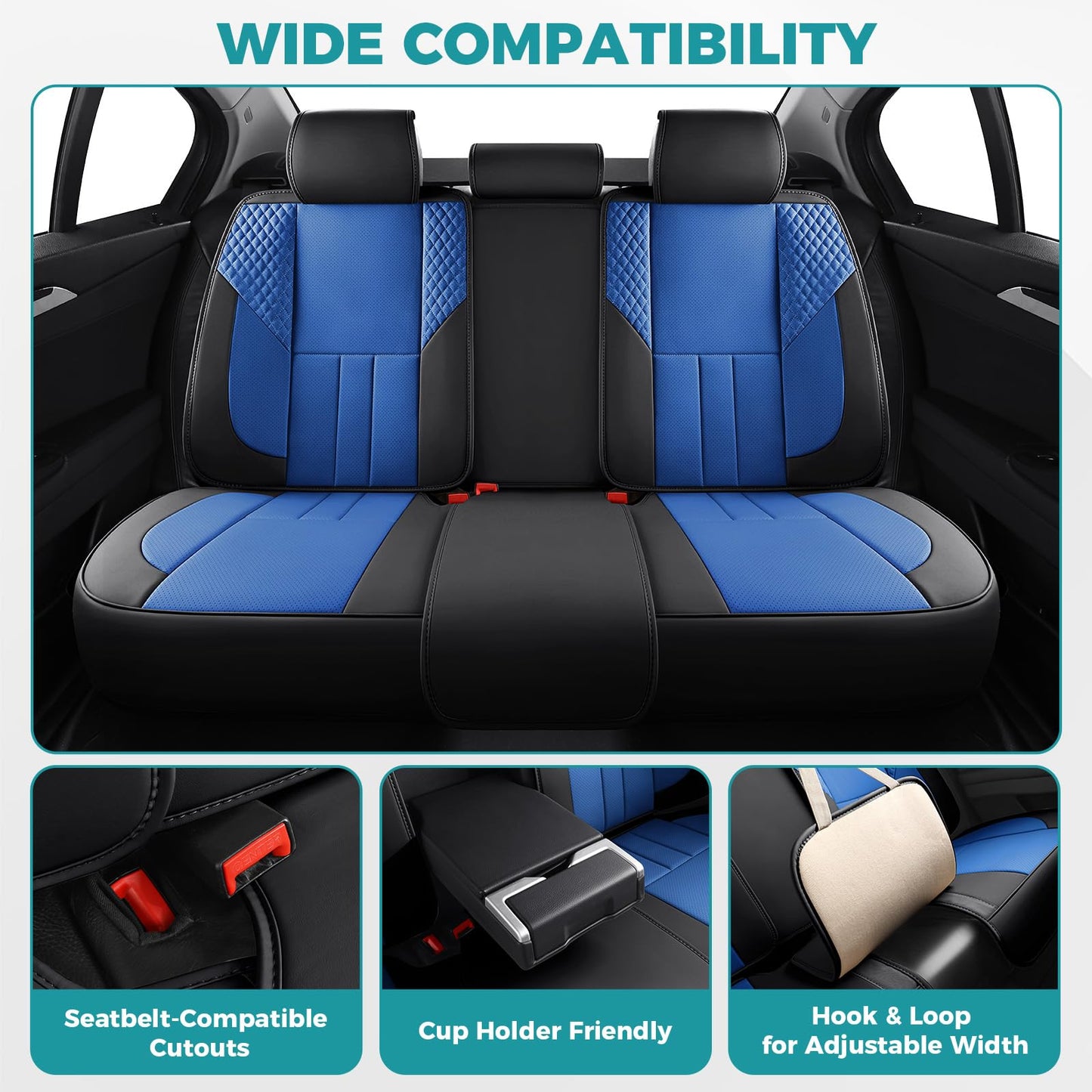 FEINEPRO Car Seat Covers Full Set - Universal Seat Covers for Cars SUV Truck – Faux Leather Automotive Seat Covers, Breathable & Waterproof Front and Rear Seat Protectors, Fit for Most Cars-BlackBlue