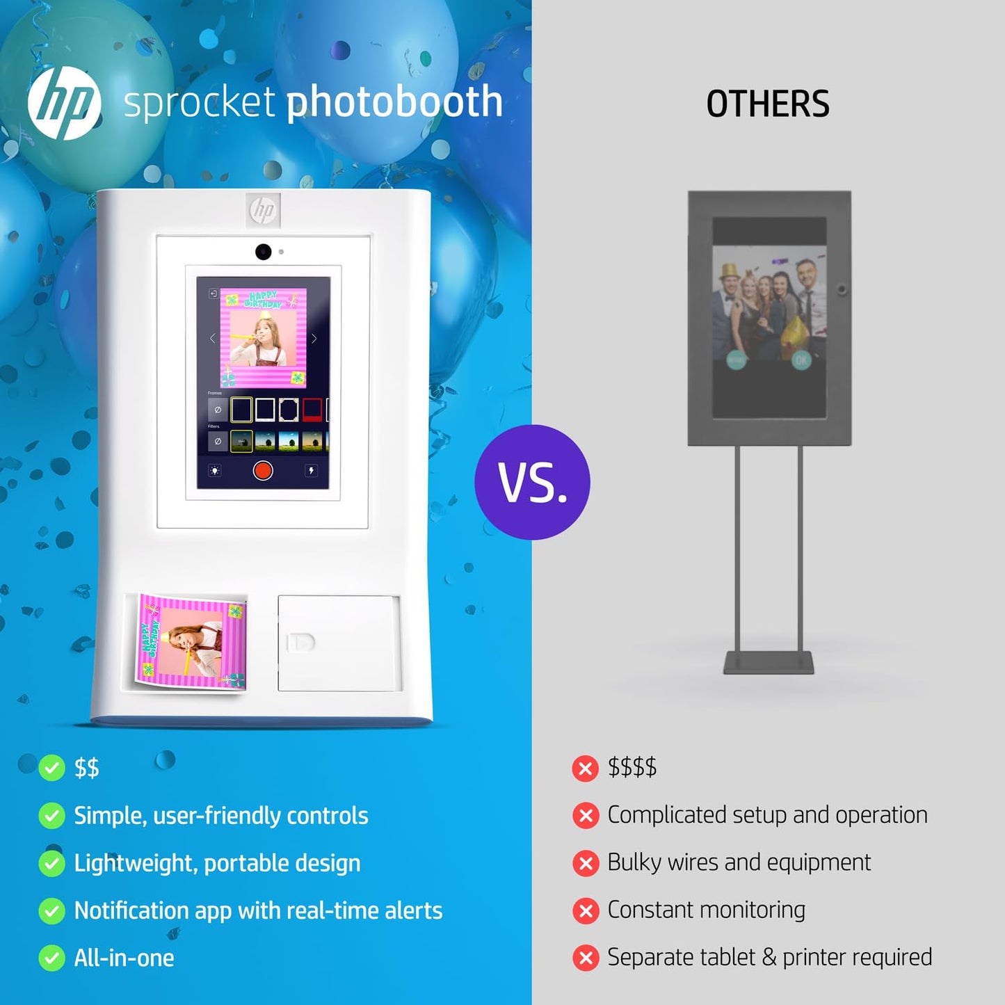 HP Sprocket Photo Booth Machine Instant Color Photo Printer - 10.1" Touchscreen Photobooth, LED Ring Light - Customize w/ 250+ Frames, Prints on 3x4 Zink Paper or Share via QR Code, Mobile App - White