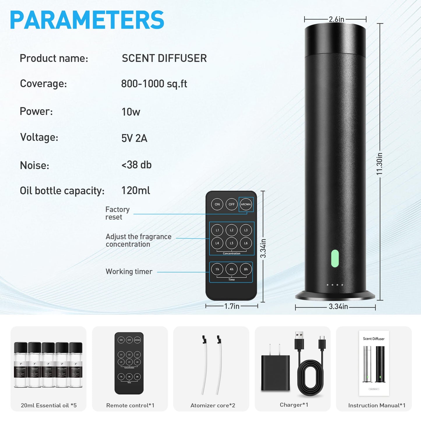 Waterless Scent Diffuser Starter Kit - 800 Sq Ft Coverage, Hotel Scent Diffuser, Essential Oil Diffuser Large Room, Included 5 Scent Oils, Remote Control, Black, 11.20In