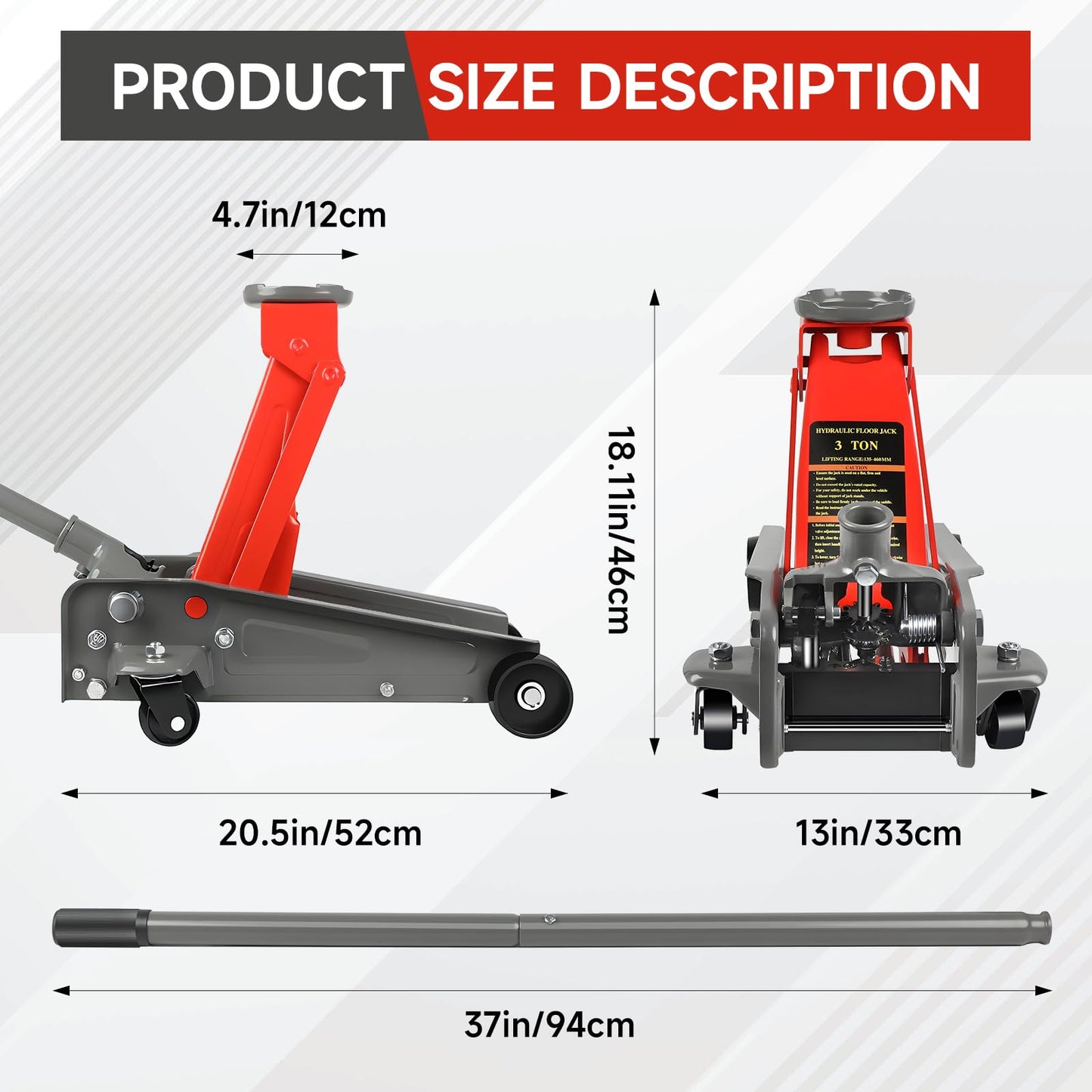 LARBANKE 3 Ton Floor Jack,6600 LBS Heavy Duty Hydraulic Floor Jack with Wheels,Lift Range:5.31'' -18.11'',Carbon Steel Material,Suitable for Home,Garage and Repair Shops,Red