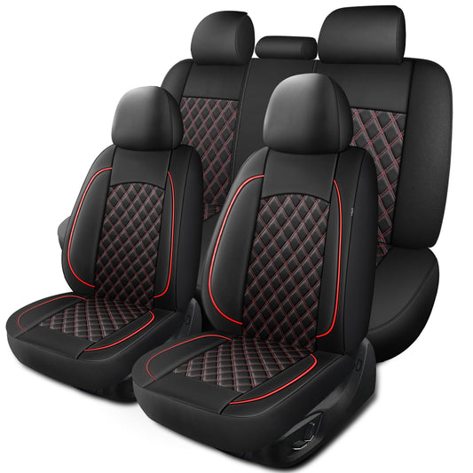 HChengkikz Car Seat Covers Full Set,Breathable and Waterproof Napa Leather Car Seat Cover,Interior Universal Fit for Cars,Sedans,SUVs,Vans,Trucks(Full Seat,Black+Red,N3)