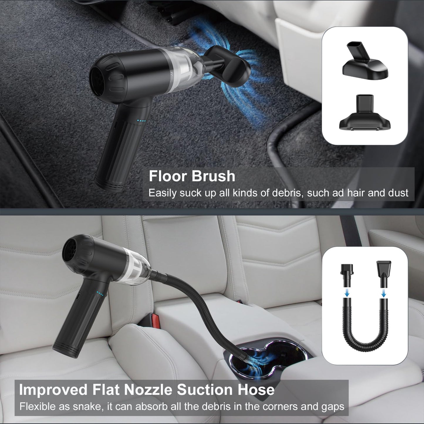 OGMAPLE Car Vacuum Cleaner High Power Handheld Vacuum 150W 17000Pa 4-in-1 Mini Vacuum Cleaner Cordless and Air Duster with 180° Adjustable Handle Led Light Portable Vacuum for Car, Home, Deep Black